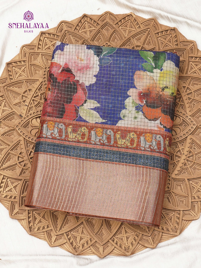 Royal Blue Floral Printed Tussar Saree