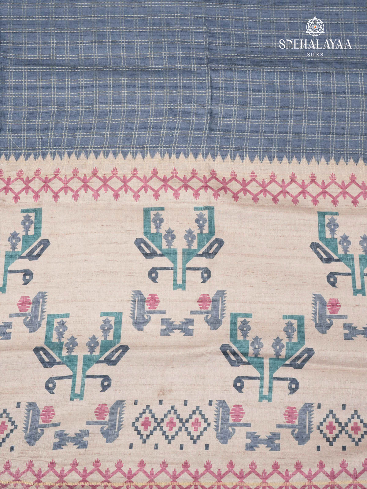 Pale Blue Printed Tussar Saree