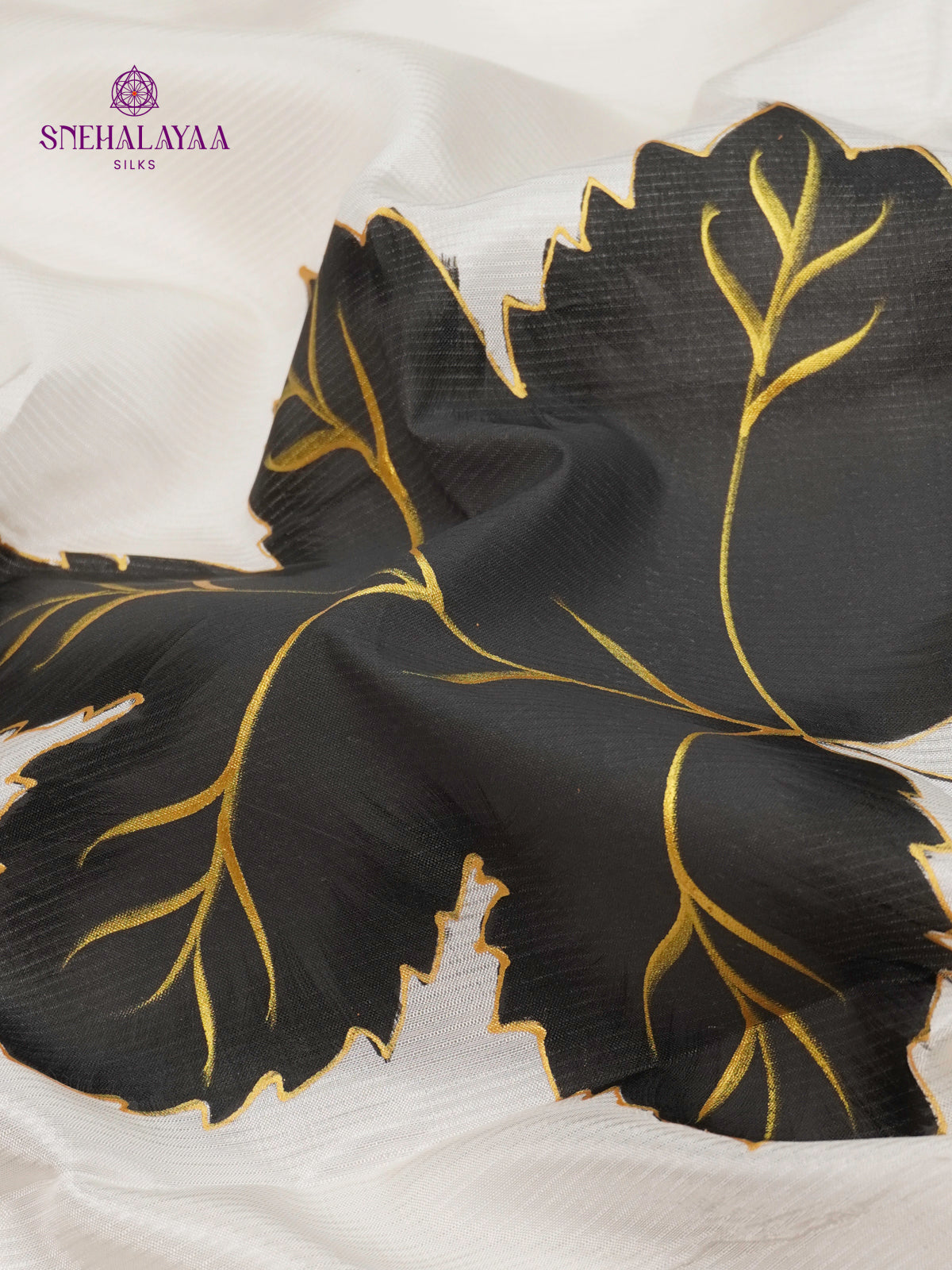 Off White Mangalagiri Silk Cotton Saree with Hand Painted Black Leaf Motifs