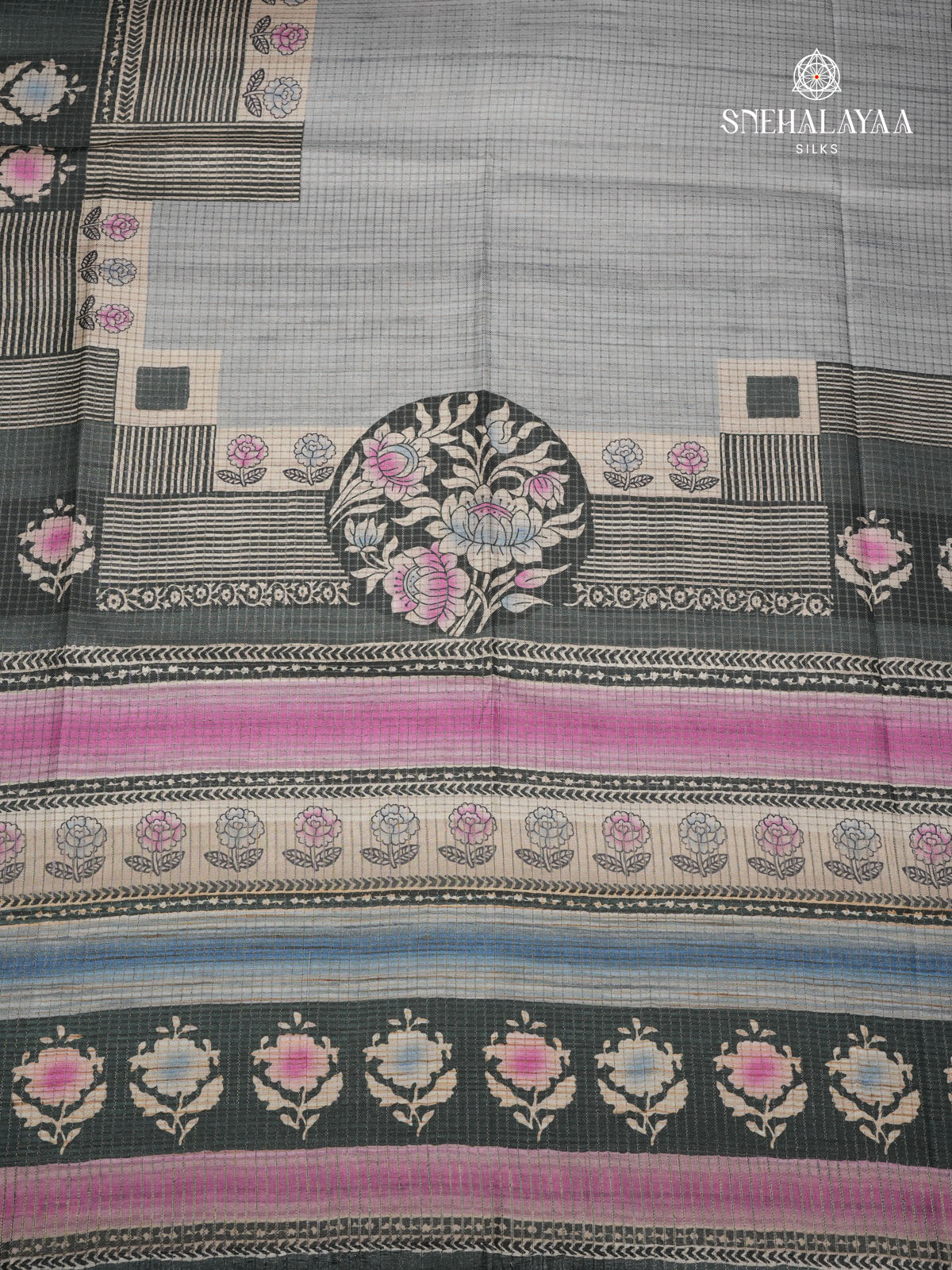 Grey Floral Printed Tussar Saree