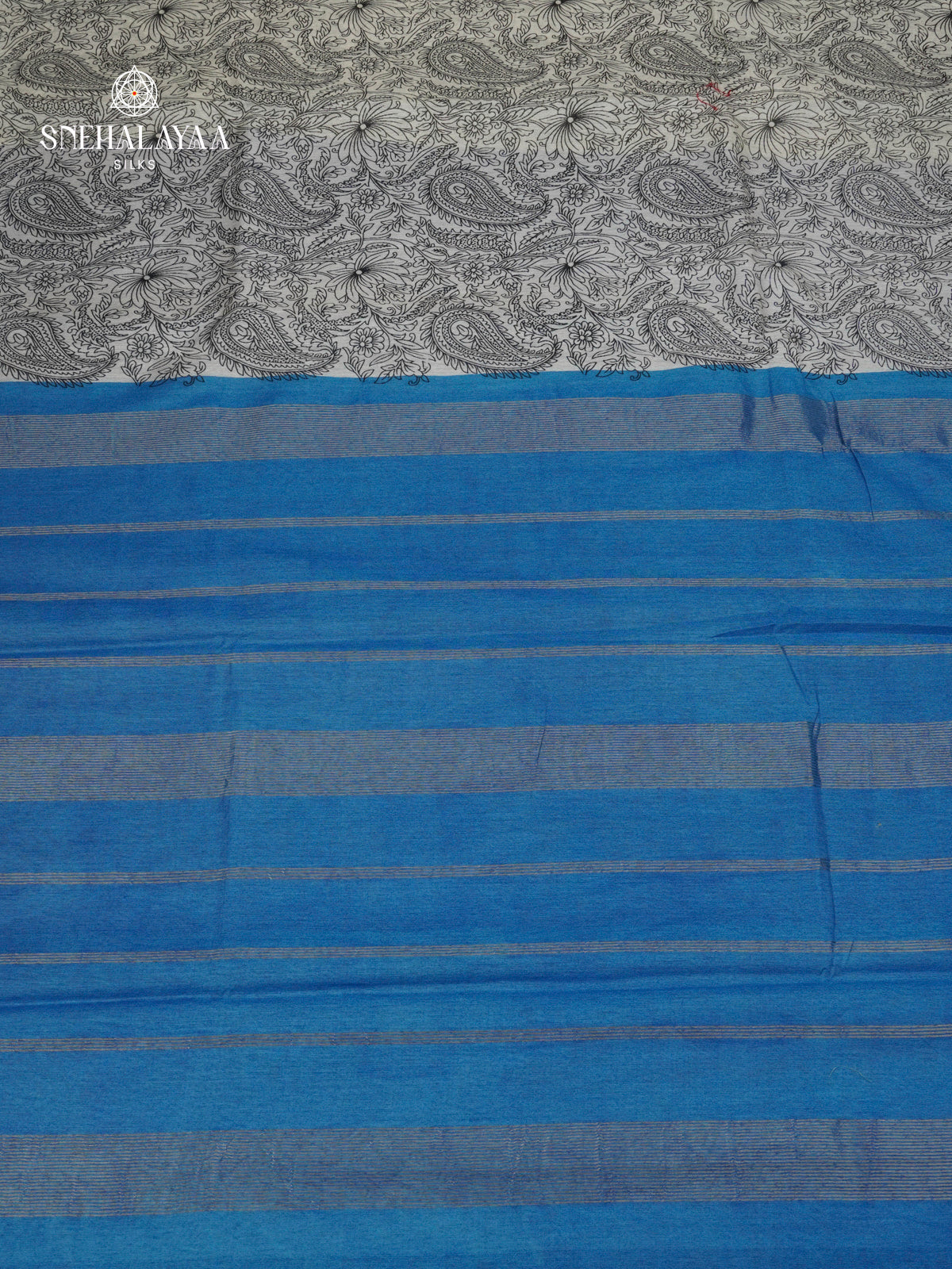 Off-White Kalamkari Saree with Blue Woven Border