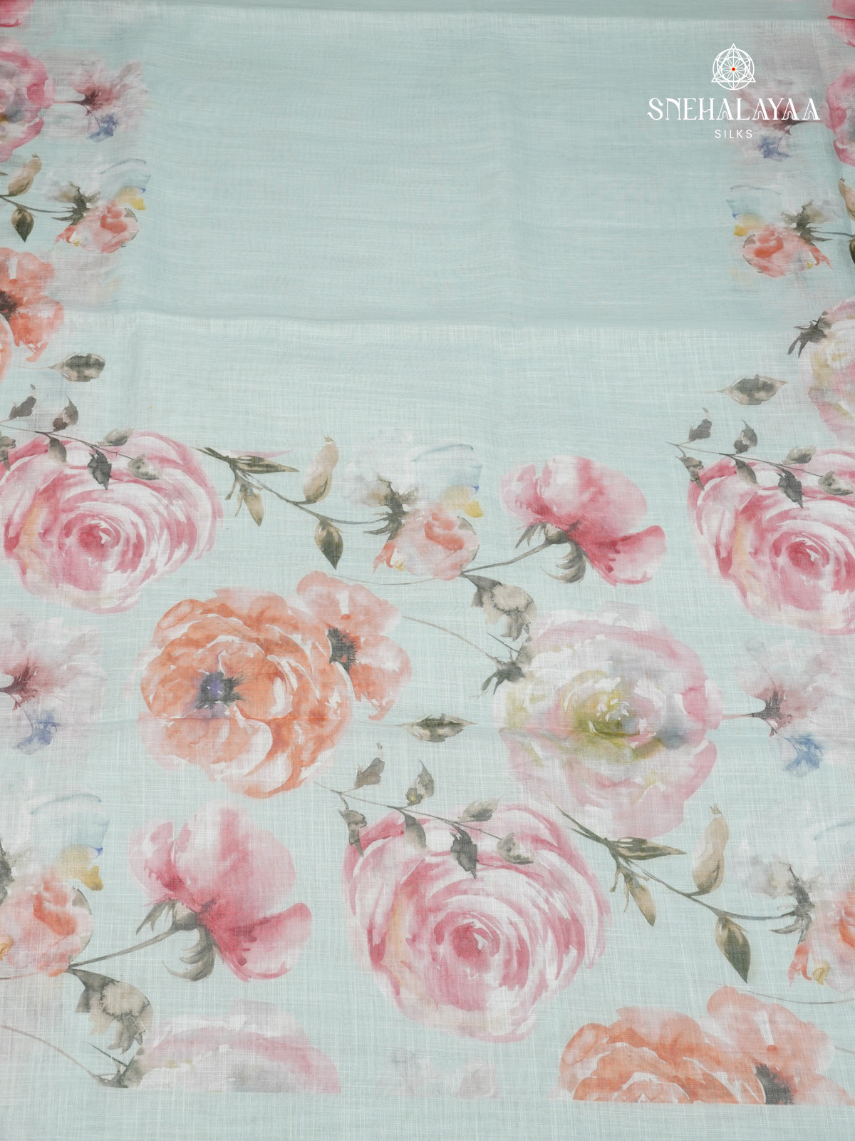 Pastel Blue Printed Linen Saree