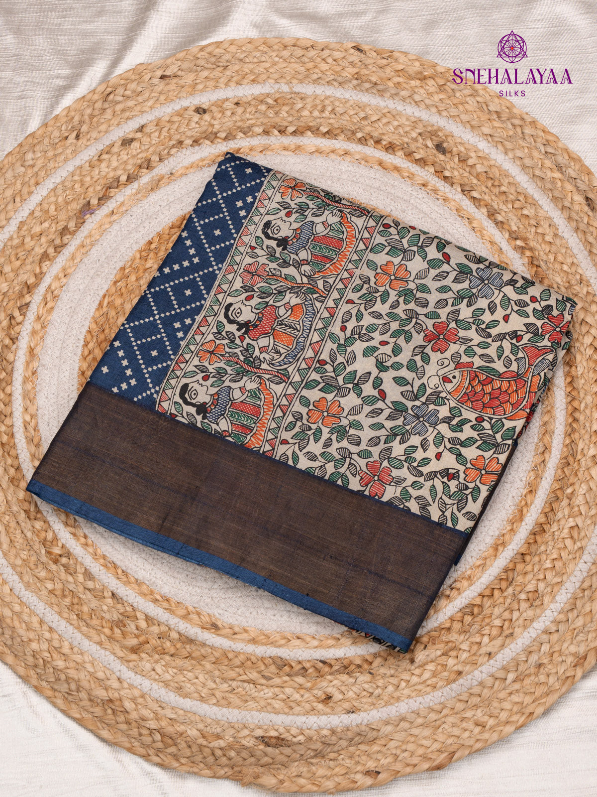 Navy Blue Tussar with Bandhini Design Saree