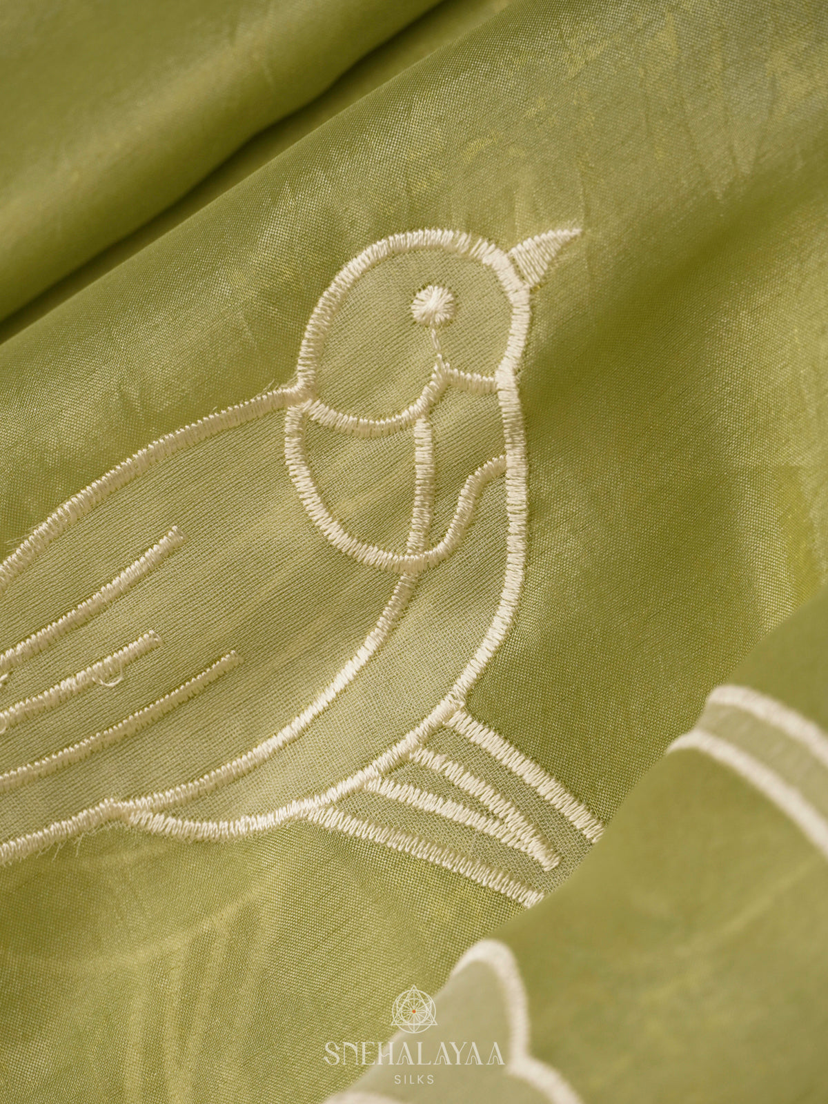 Olive Green Crush Tissue Embroidery Saree