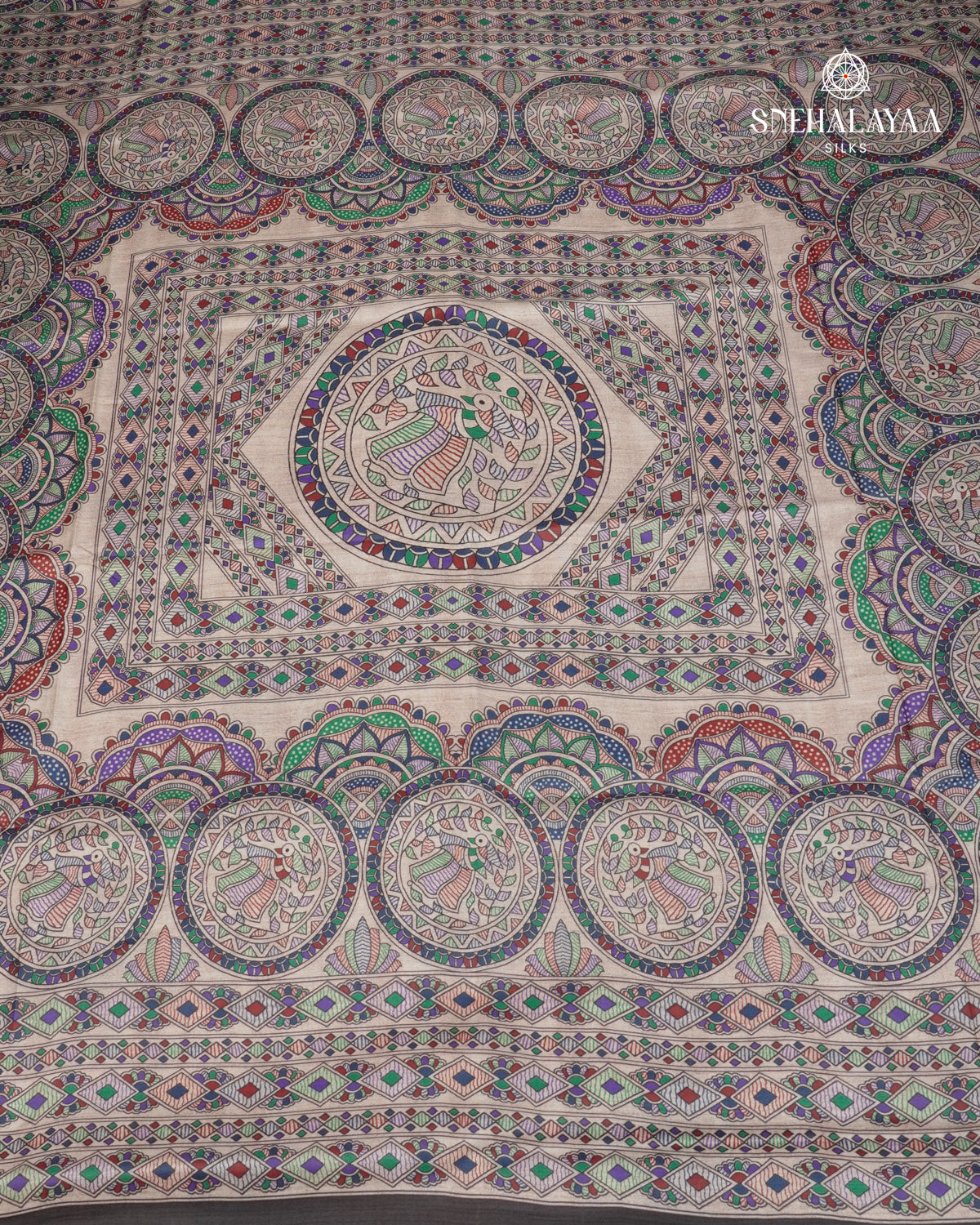 Beige With Black Border Madhubani Saree