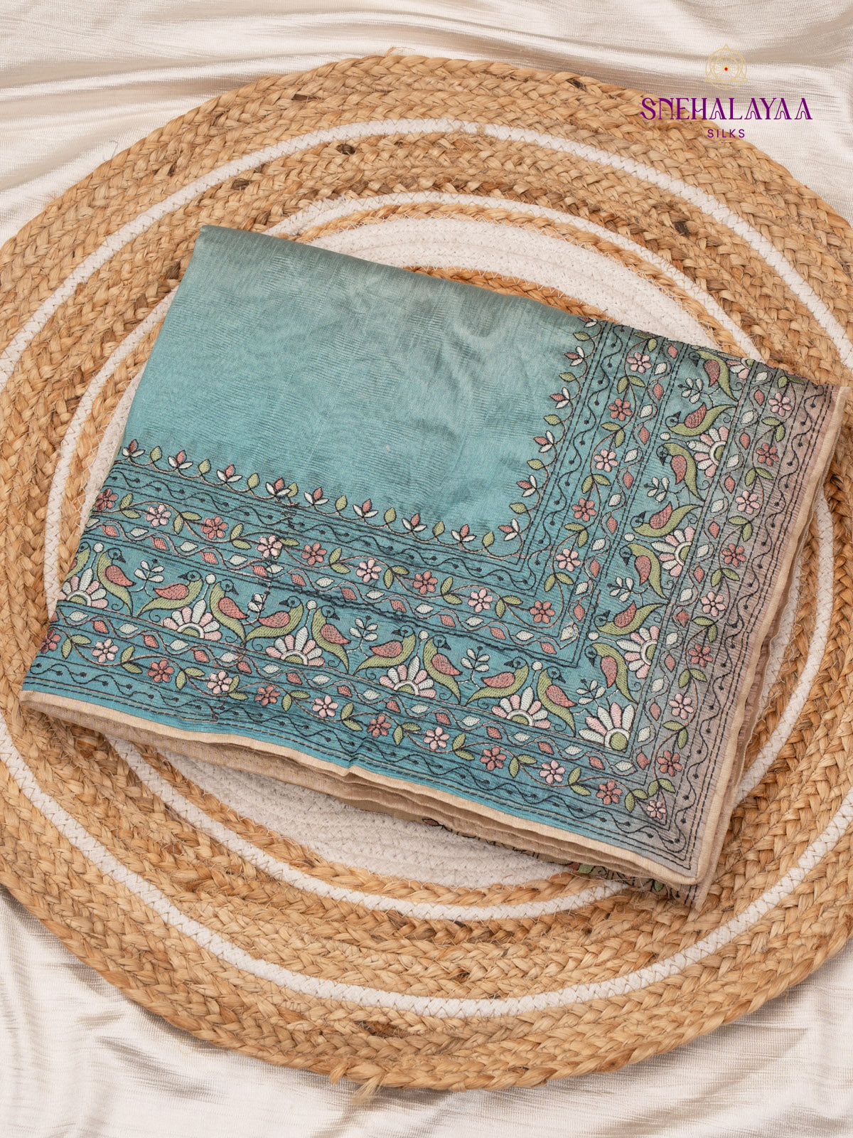 Blue Linen Embroidery Saree