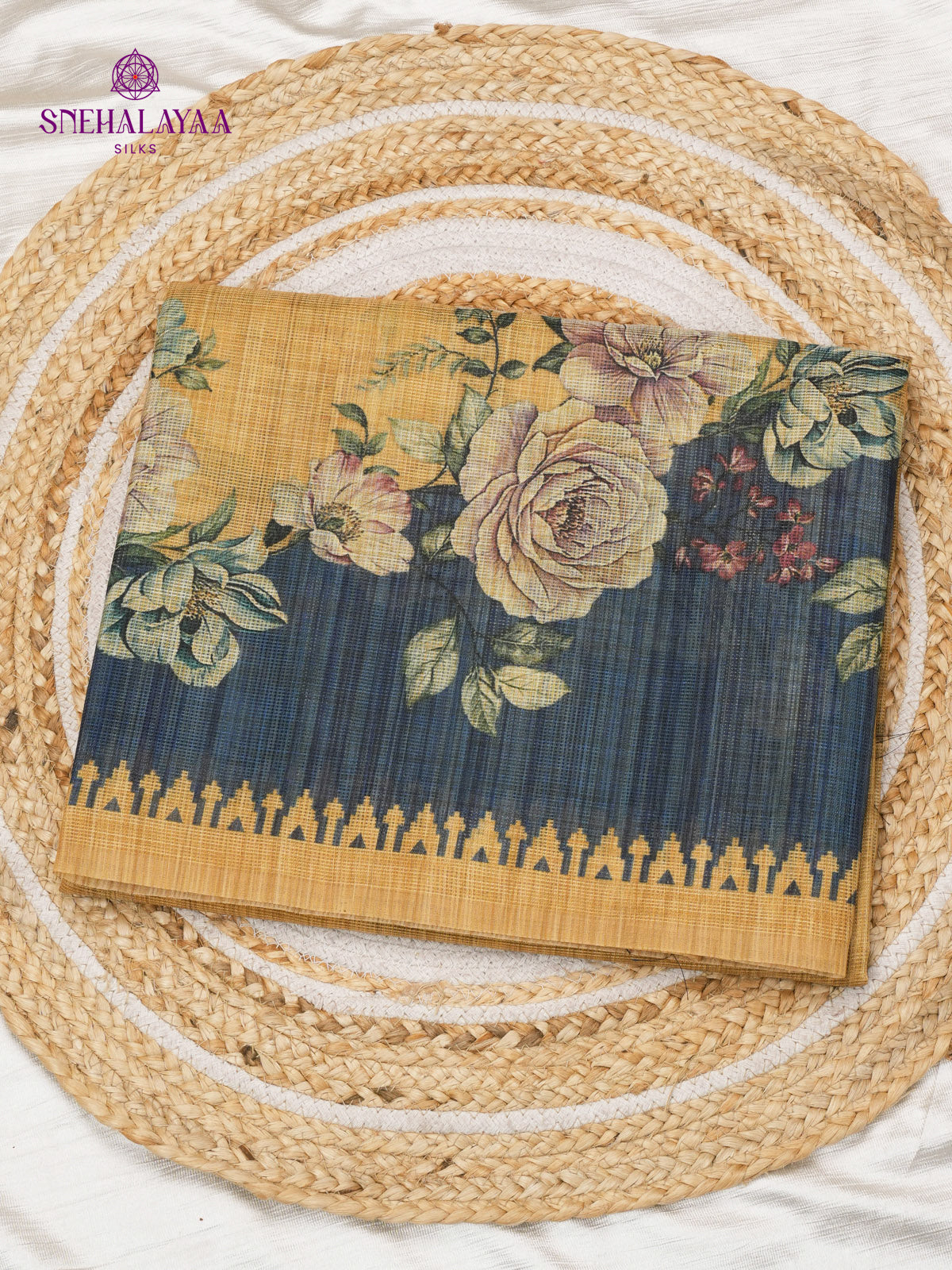 mustard Yellow With Teal Blue Printed Kota Saree