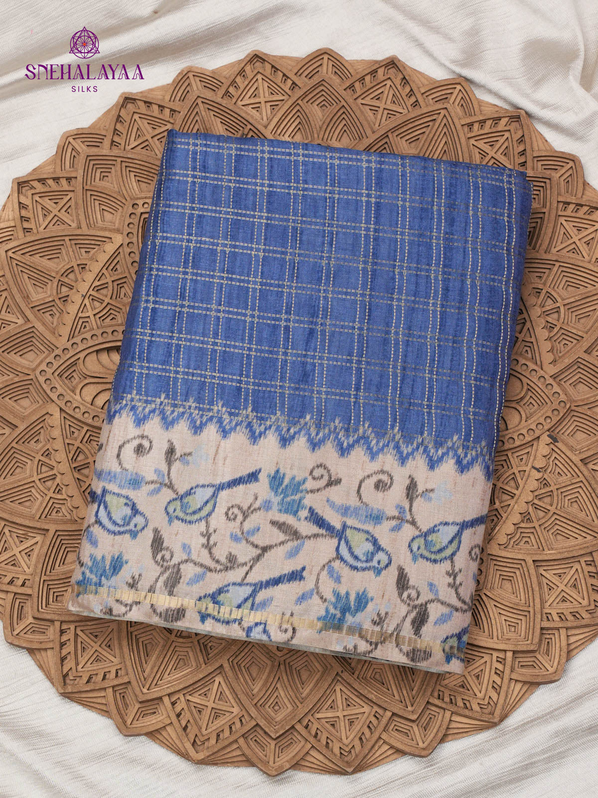 Royal Blue Printed Tussar Saree