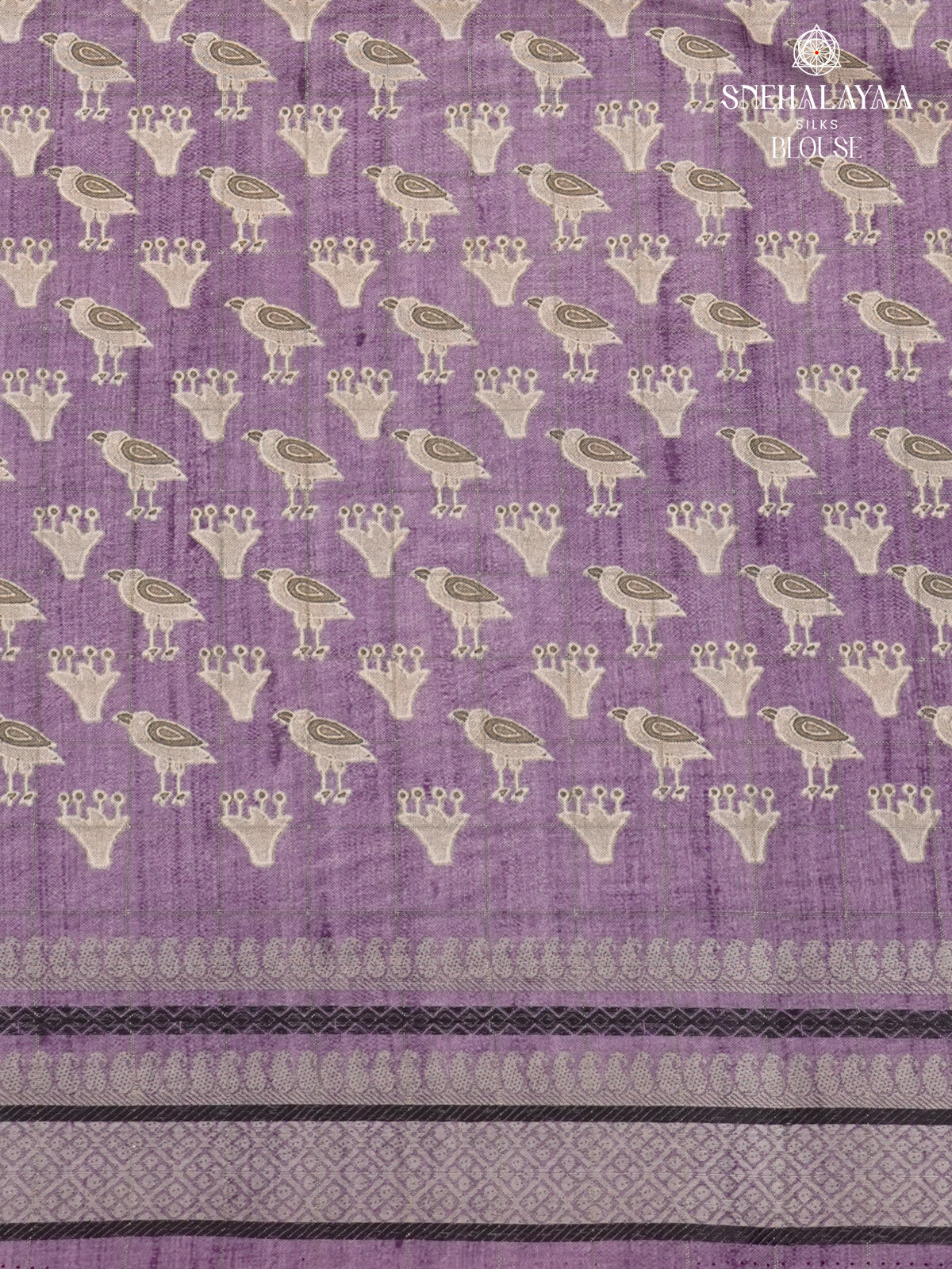 Beige With Purple Border Floral Printed Tussar Saree