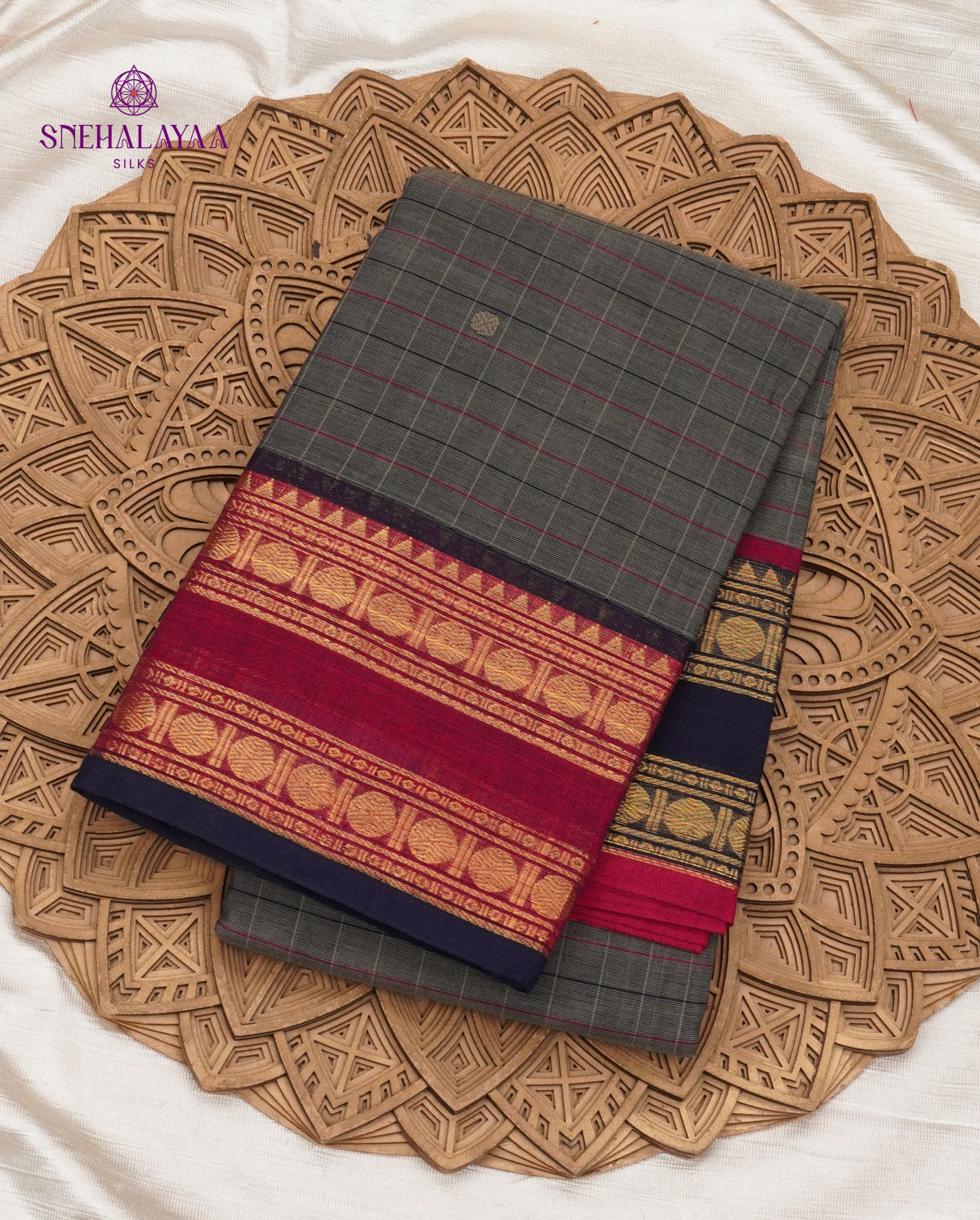 Checked Charcoal Grey Kanchi Cotton Saree with Red & Navy Irandu Karai Zari Borders