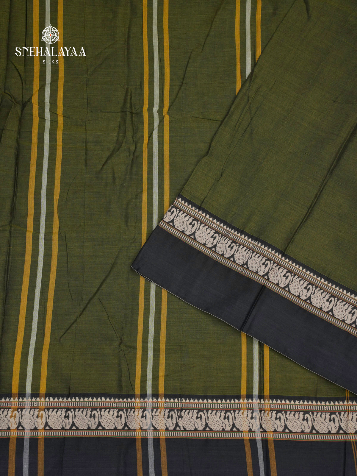Olive Green Narayanpet Cotton Saree without Blouse