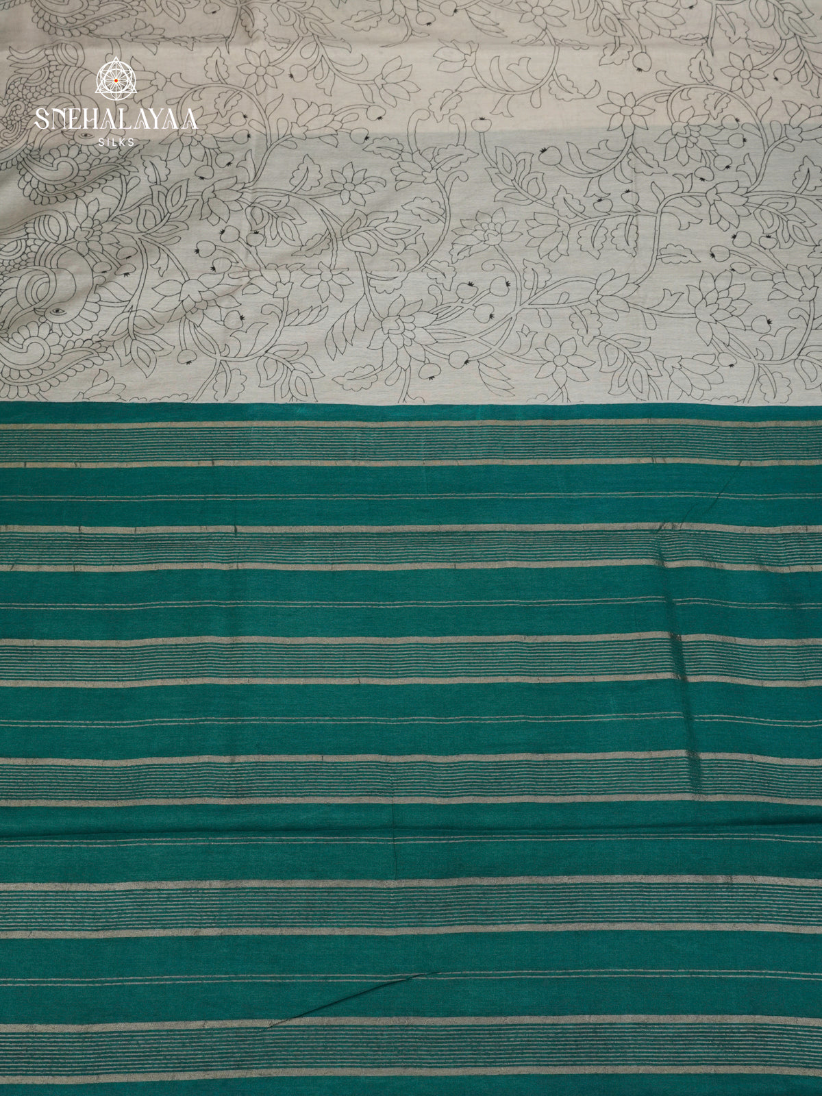 Off-White Kalamkari Saree with Teal Green Woven Border