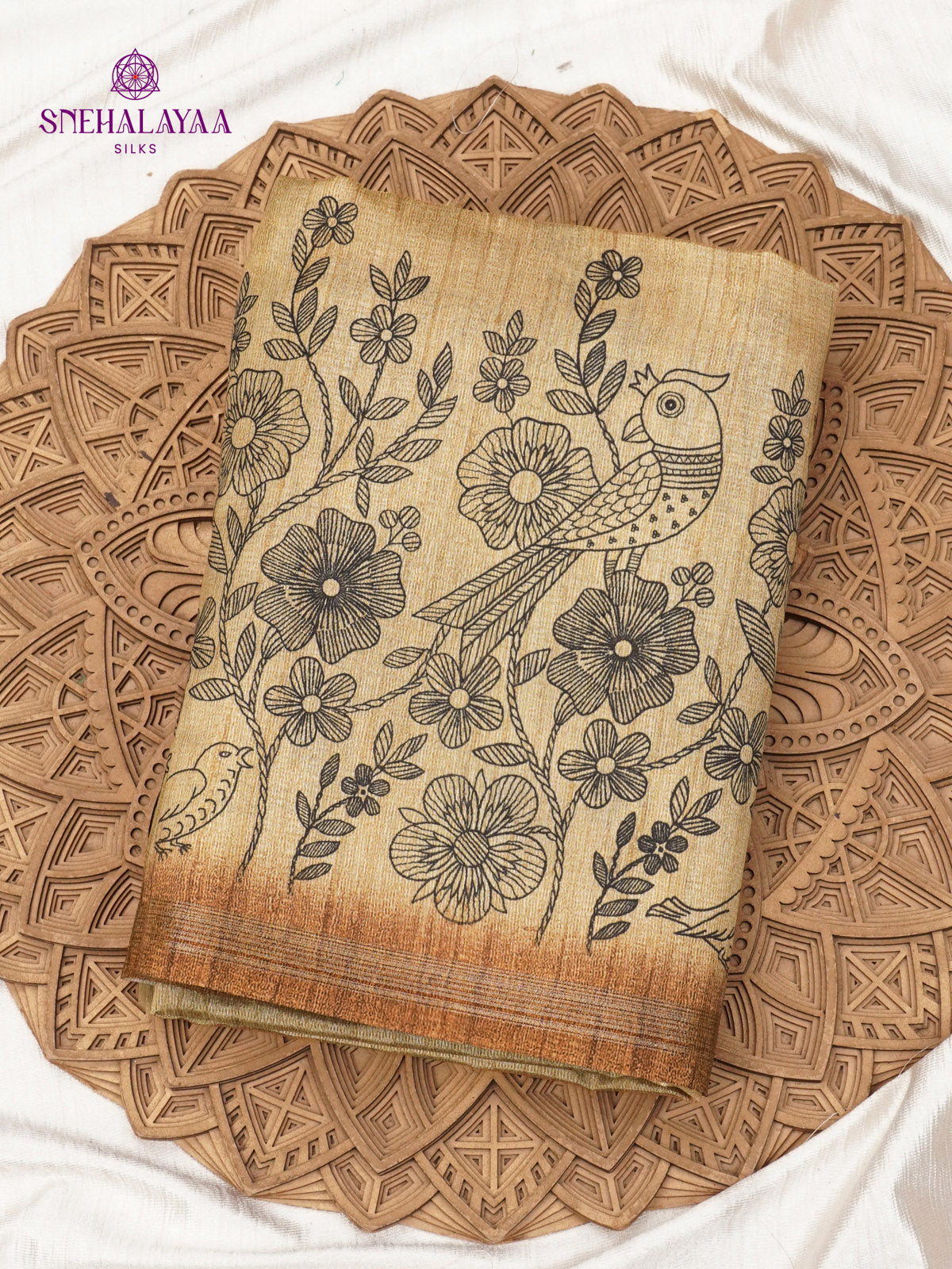 Beige Floral Printed Tussar Saree