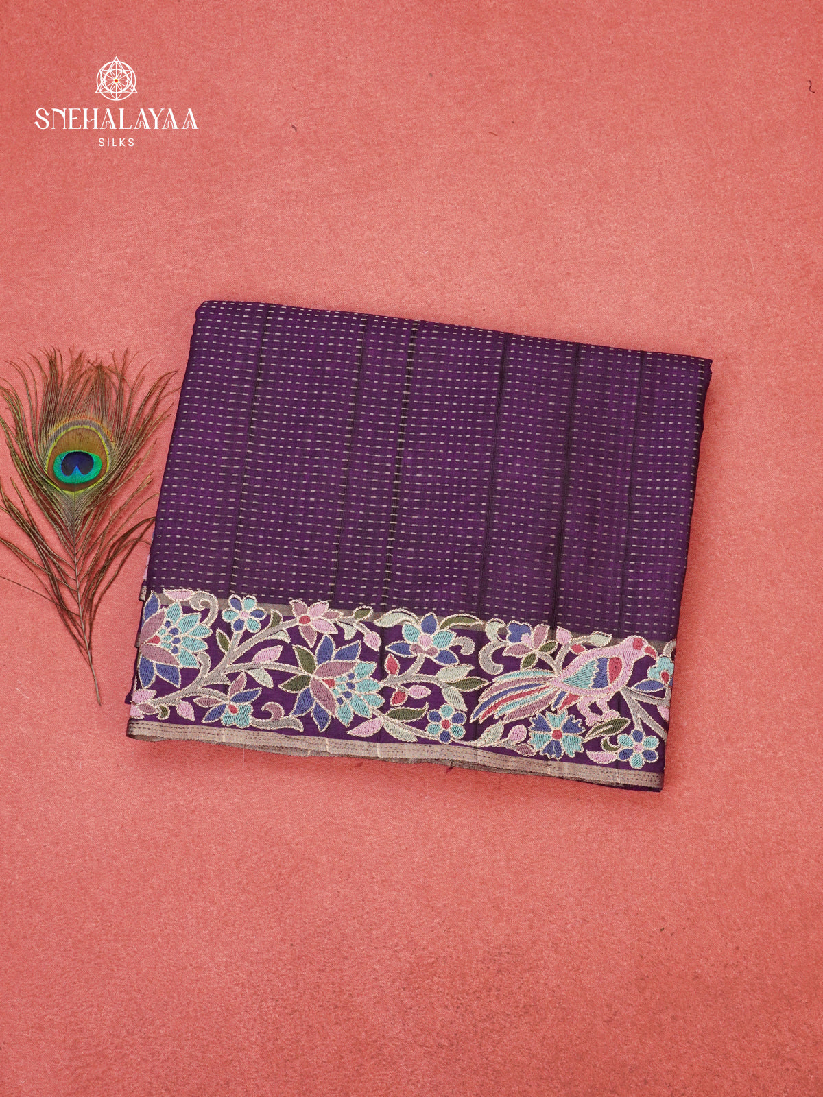 Purple Munga Tussar Embroidery Saree