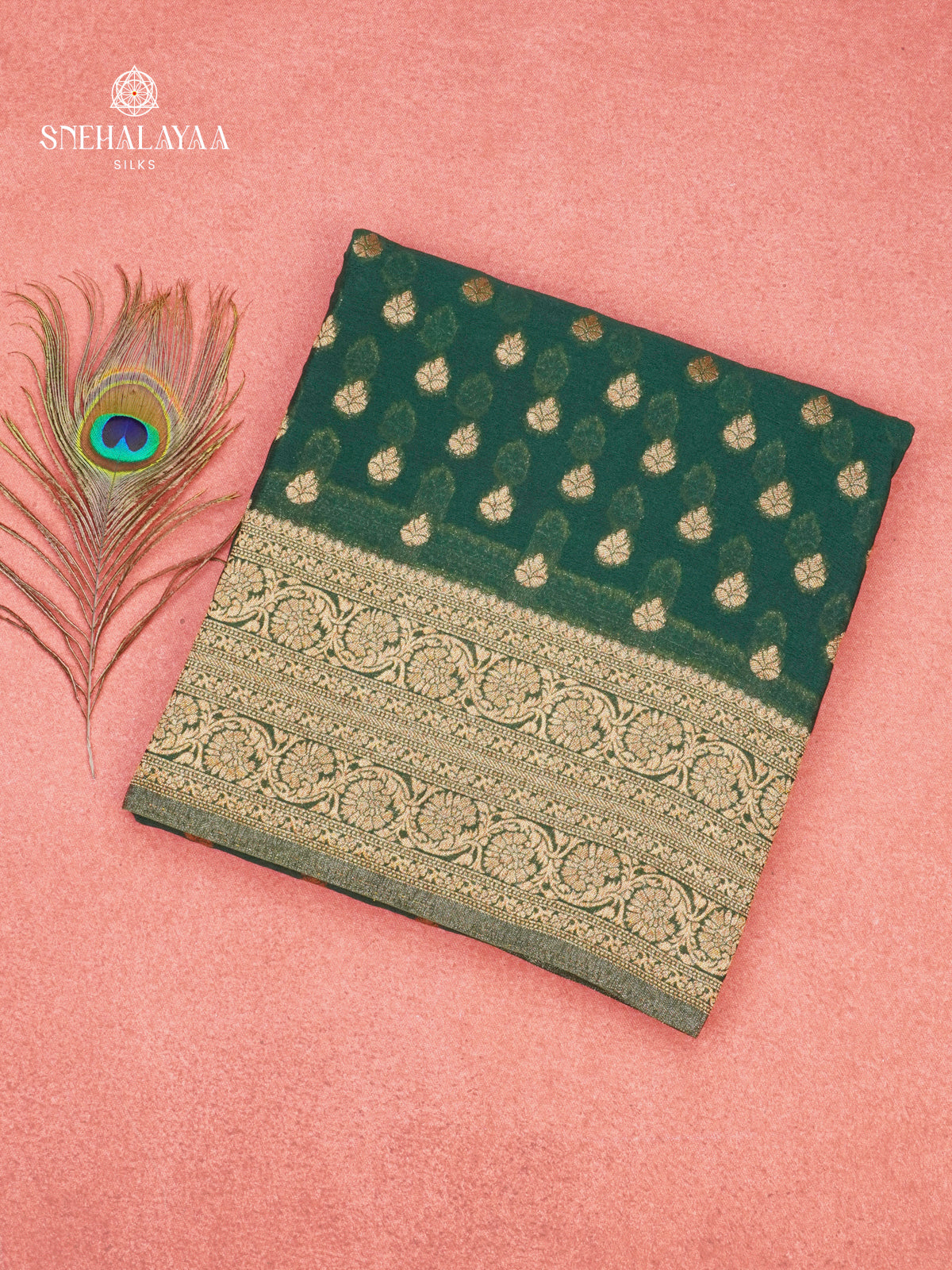 Bottle Green Banaras Crepe Silk Saree