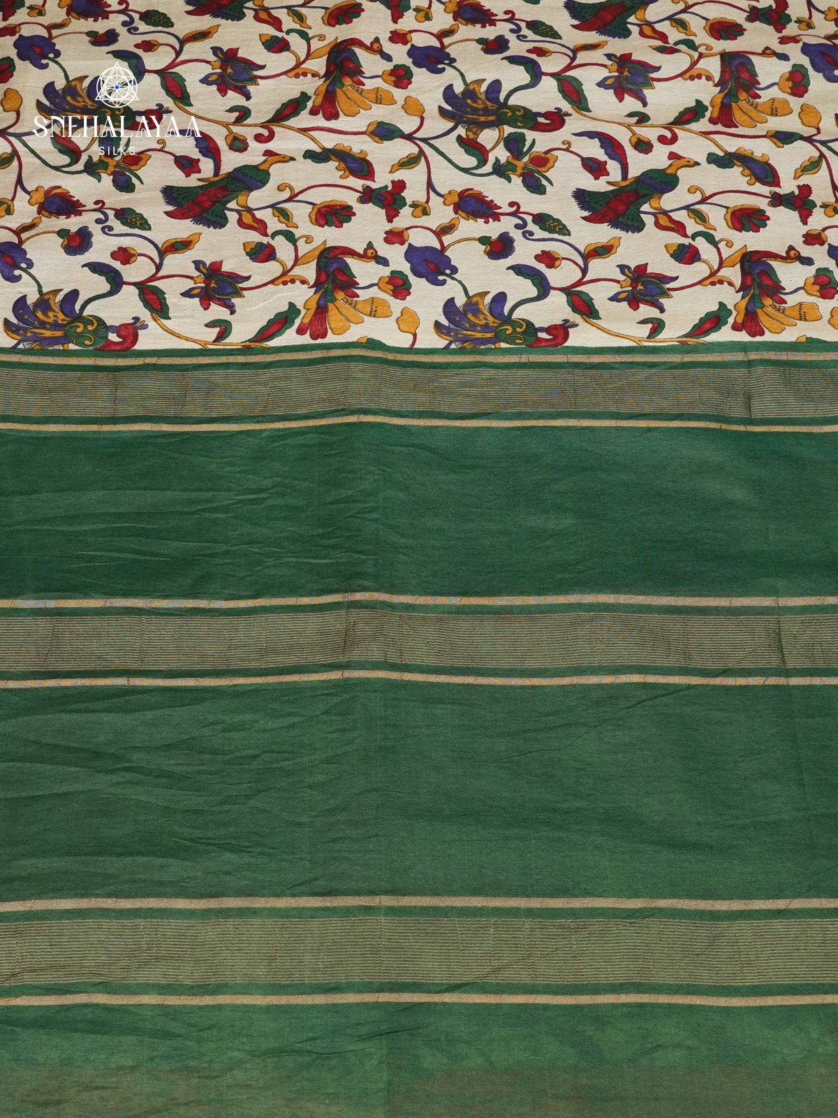Beige With Green Border Bamboo Silk Saree