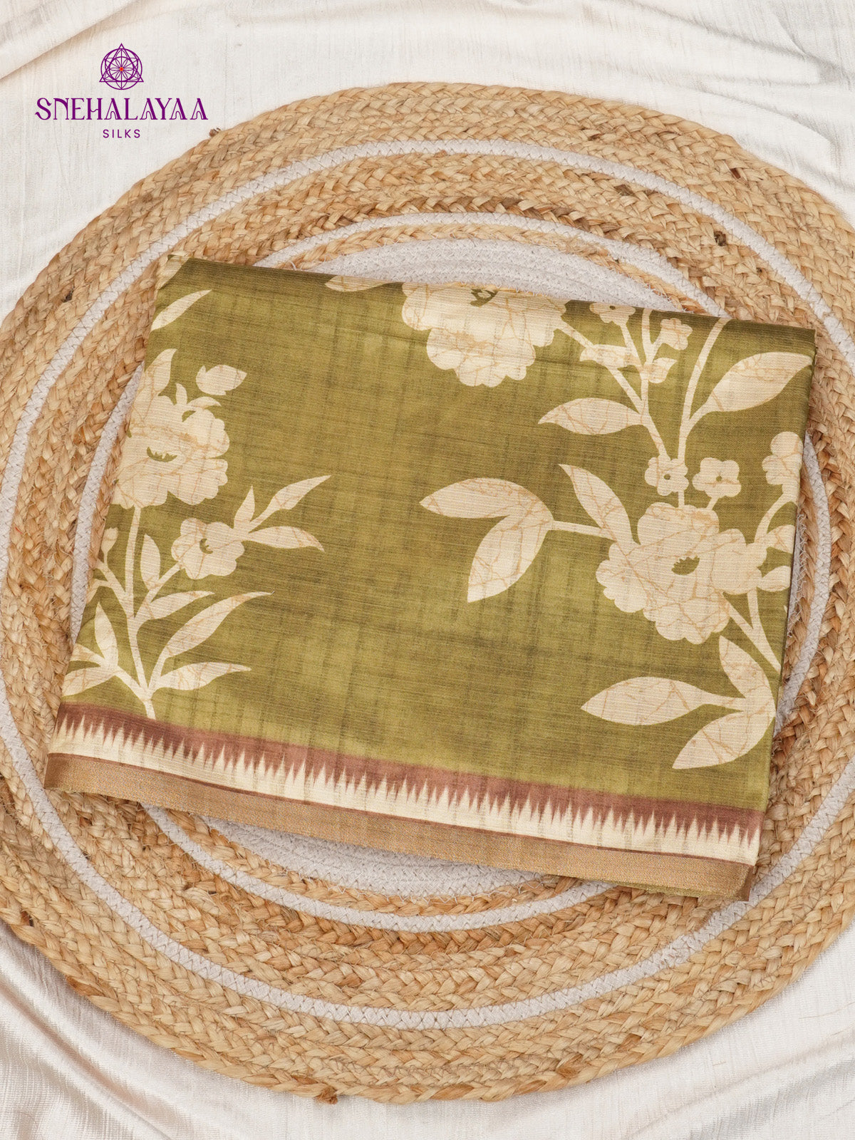 Olive Green Floral Printed Tussar Saree