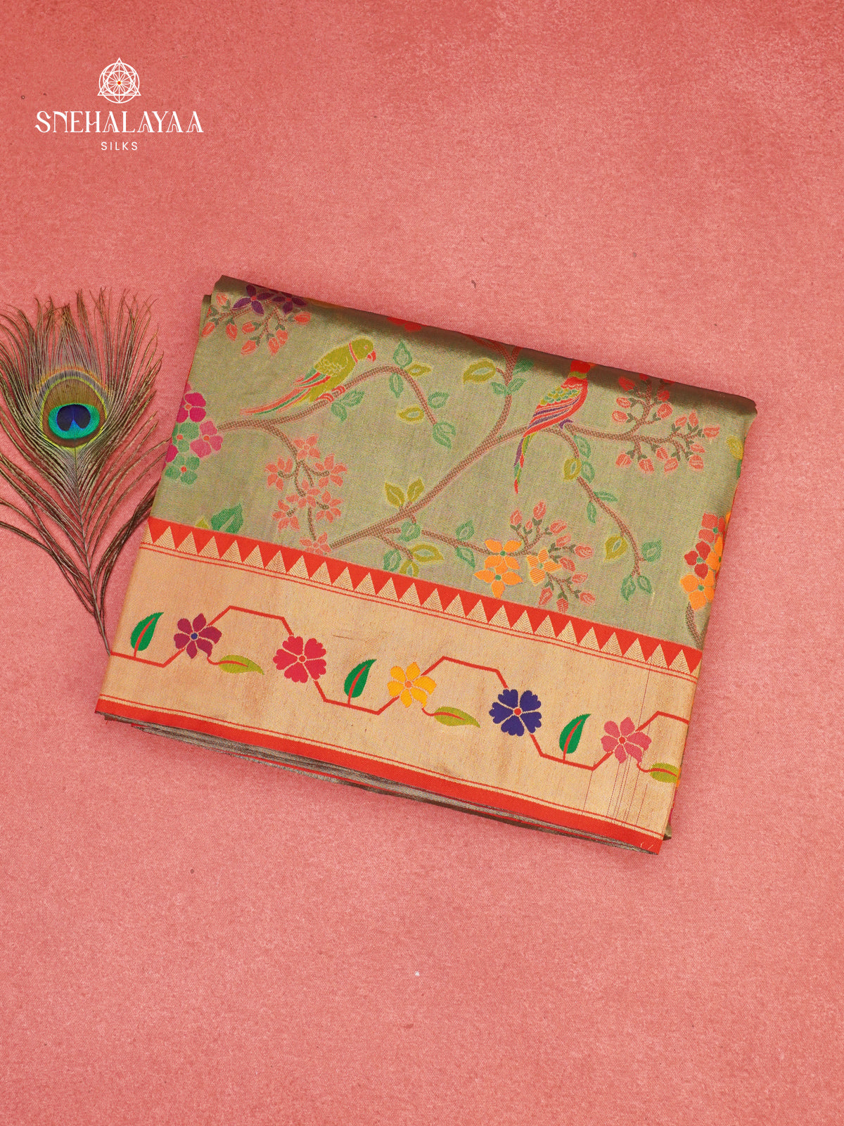 Olive Green Tissue Paithani Saree