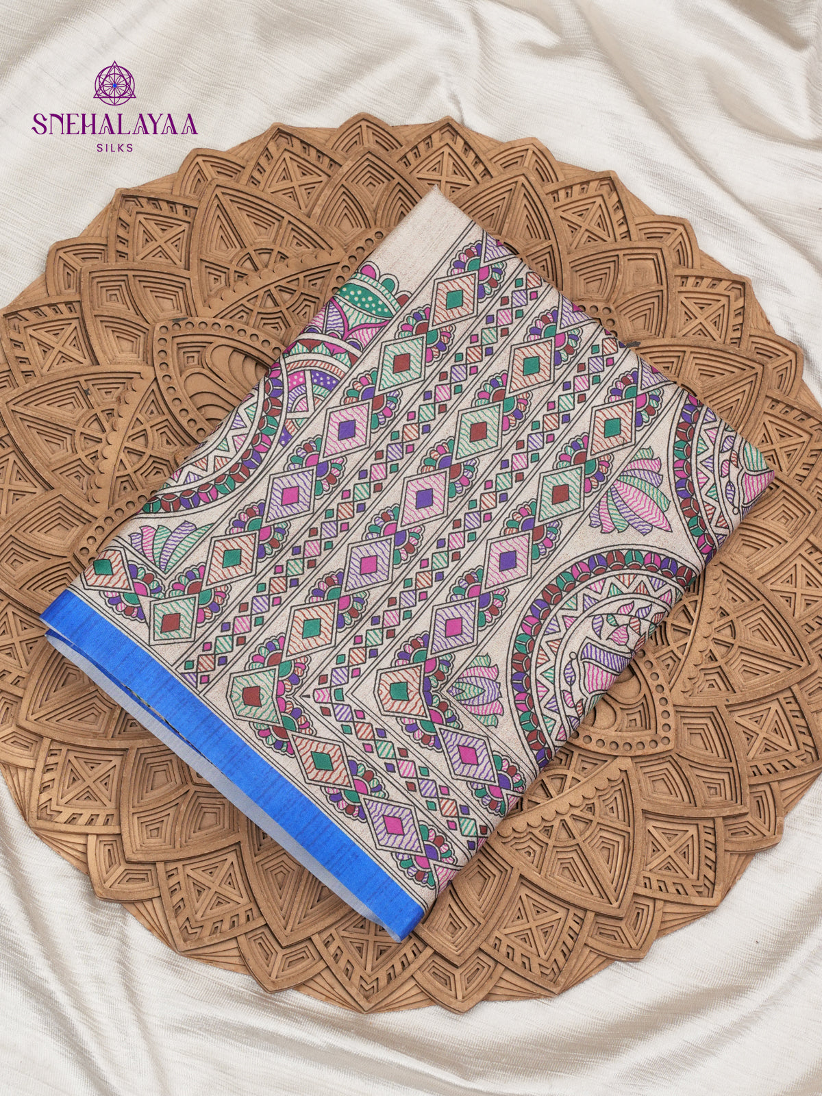 Beige With Blue Border Madhubani Saree