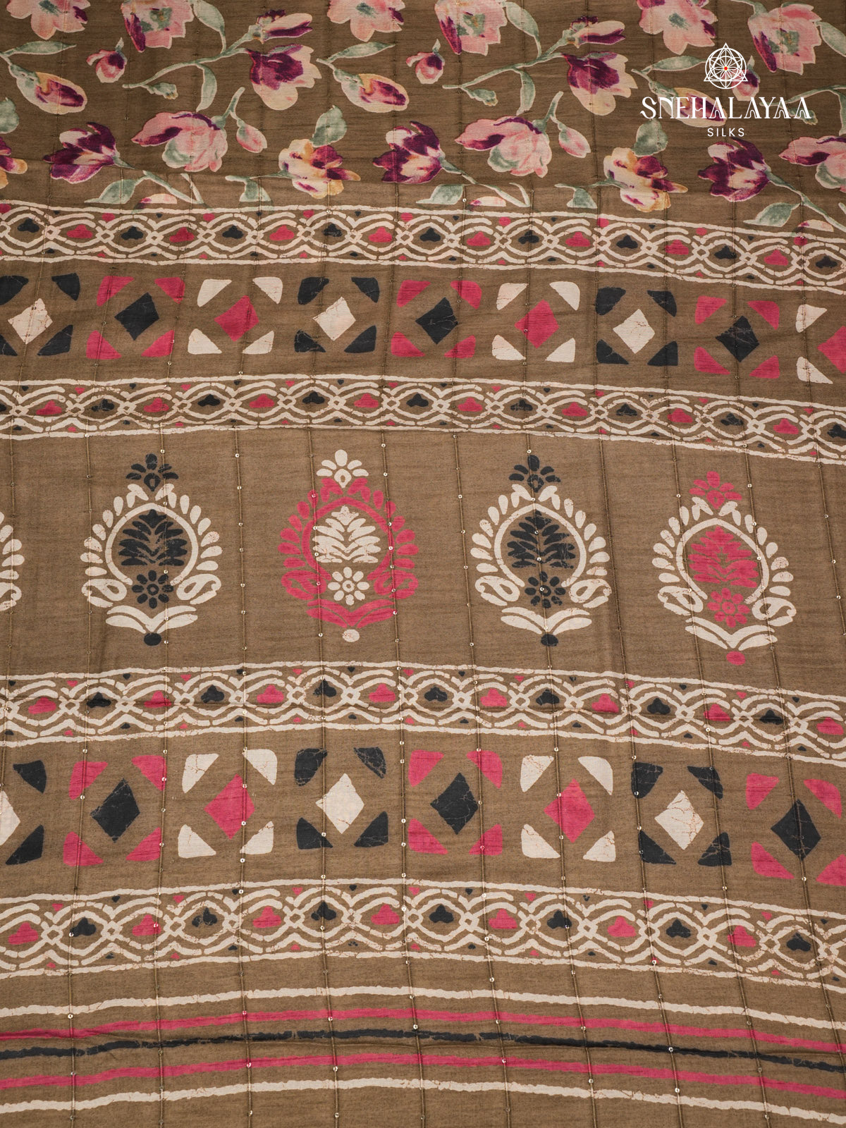 Brown Floral Printed Tussar Saree