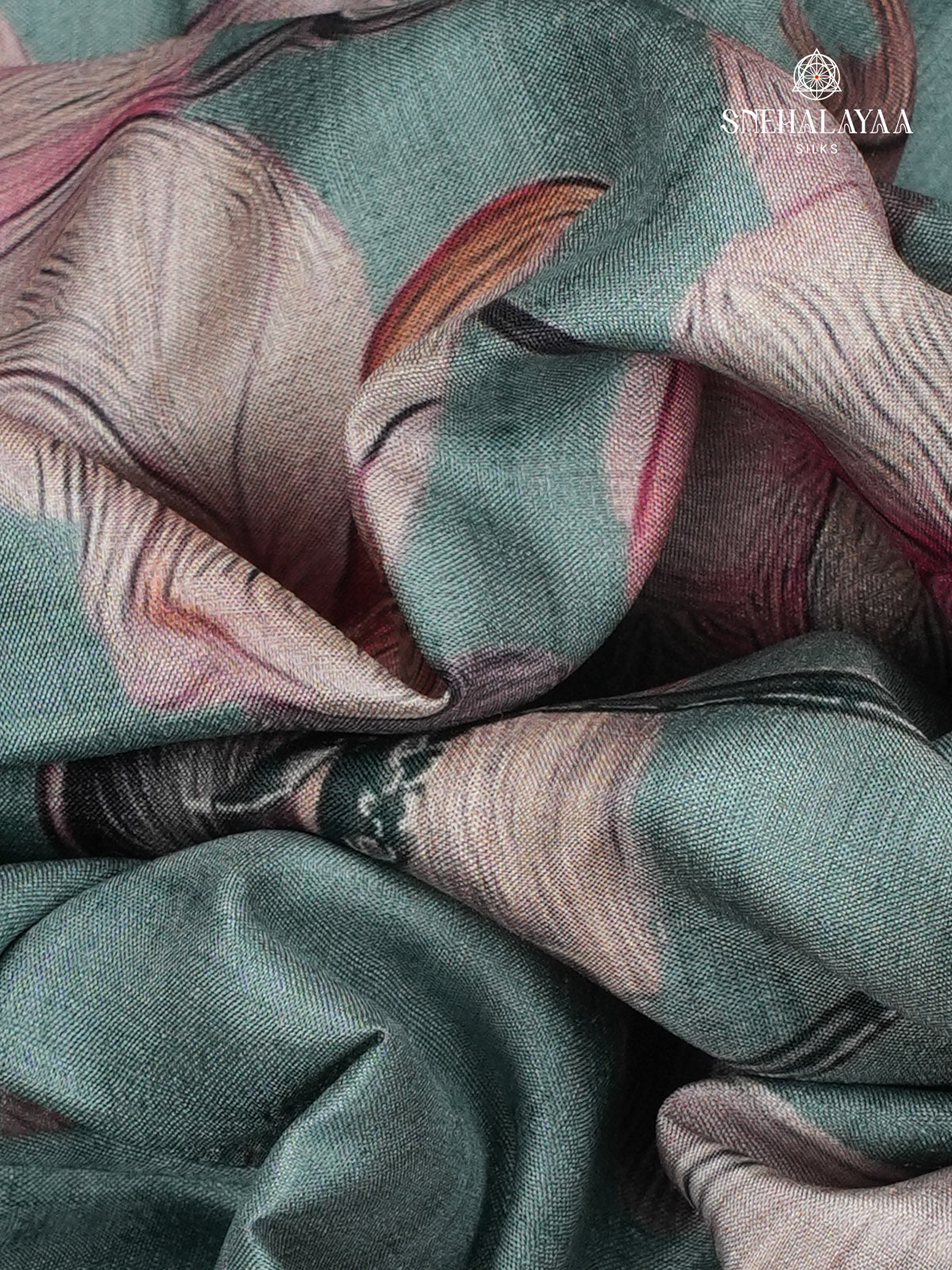 Teal Green Floral Printed Tussar Saree