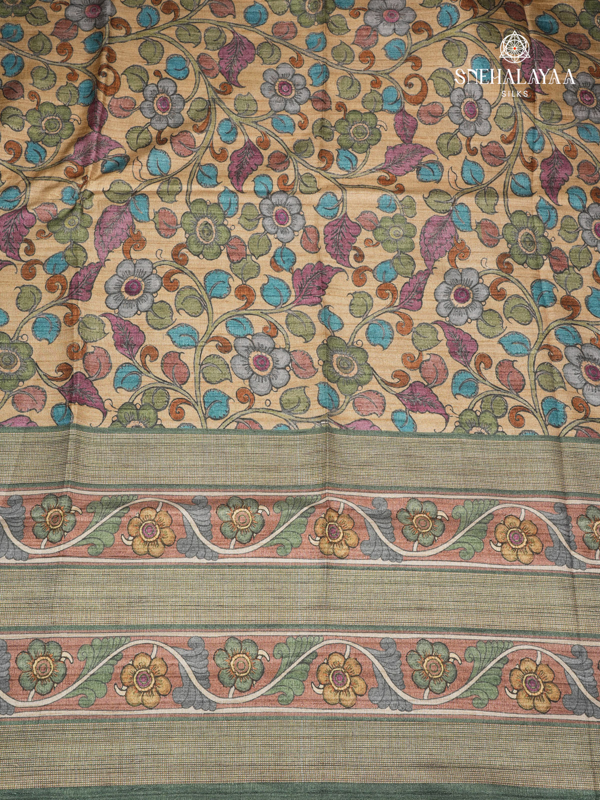 Beige Floral Printed Tussar Saree