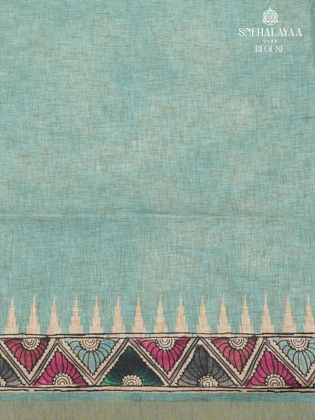 Beige With Teal Blue Border Floral Printed Tussar Saree