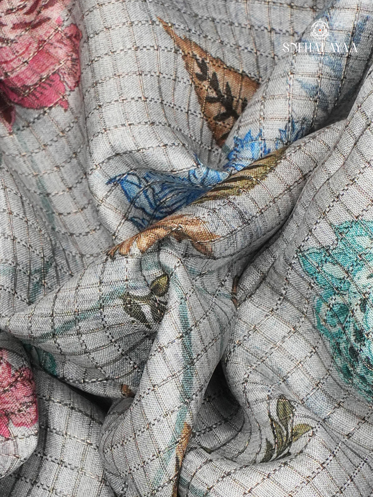 Blue Floral Printed Tussar Saree