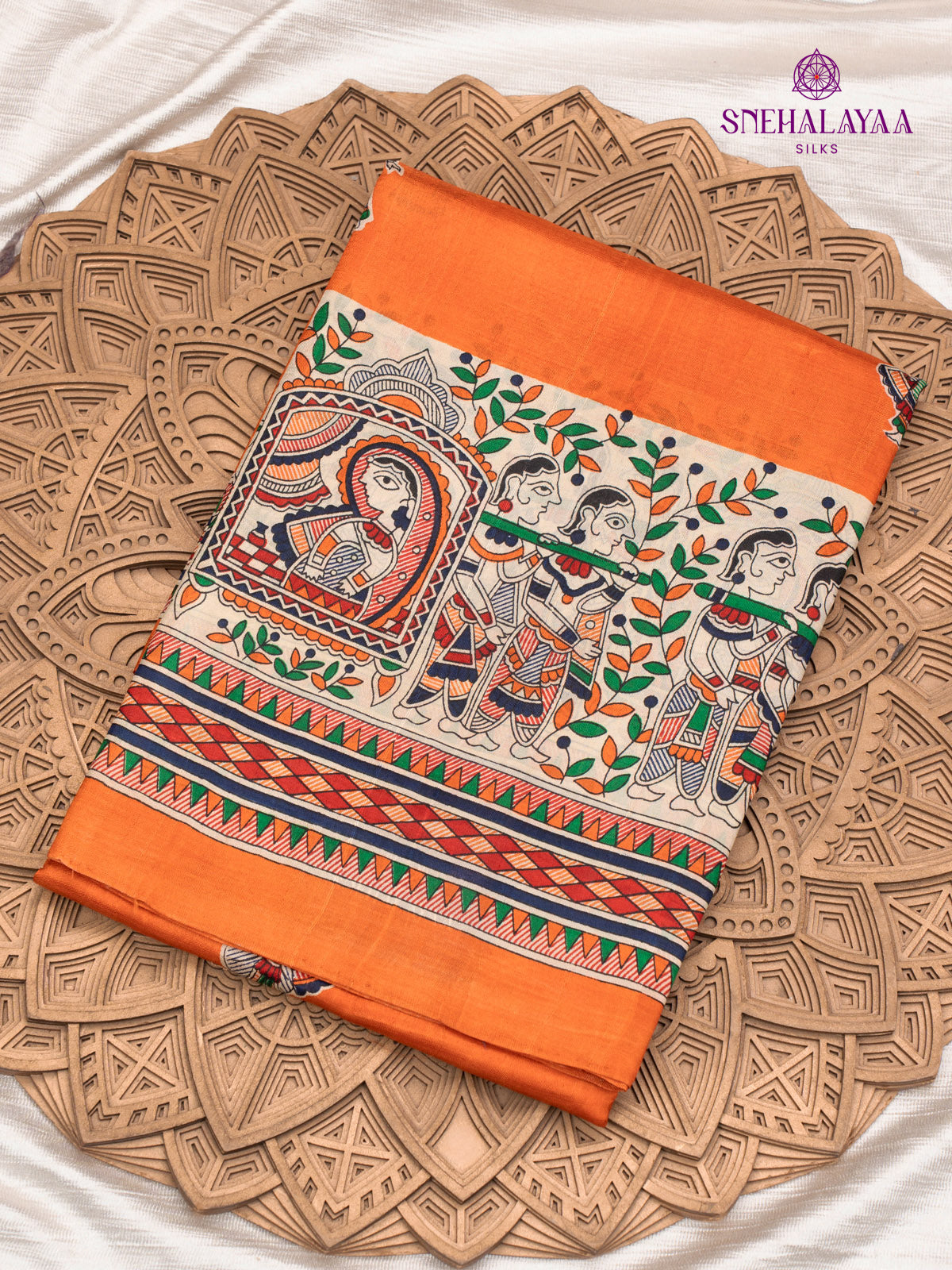 Orange Printed Tussar Saree