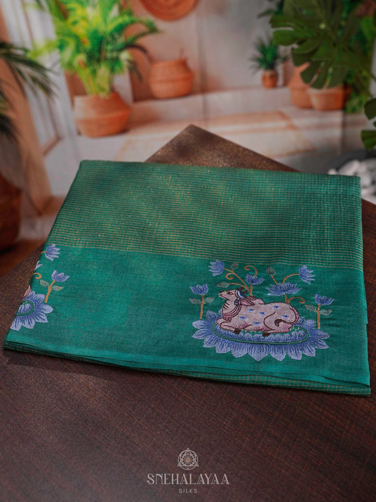 Peacock Blue Tussar Embroidery Saree