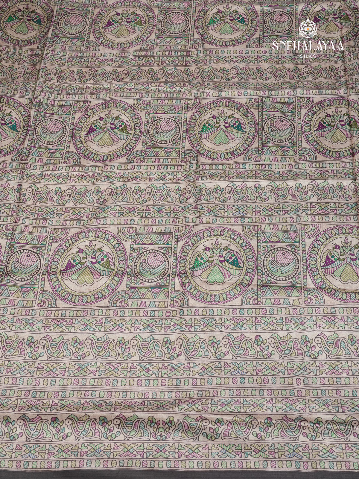 Beige With Black Border Madhubani Saree