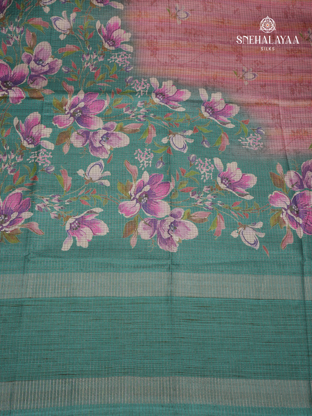 Magenta with Teal Blue Floral Printed Tussar Saree