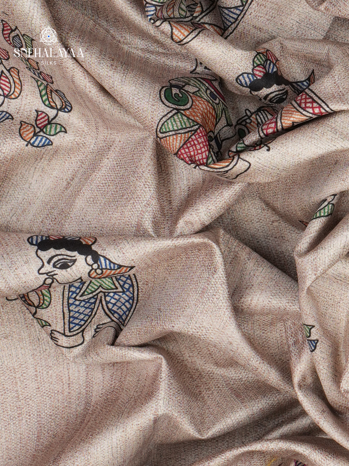 Beige With Rose Border Madhubani Saree