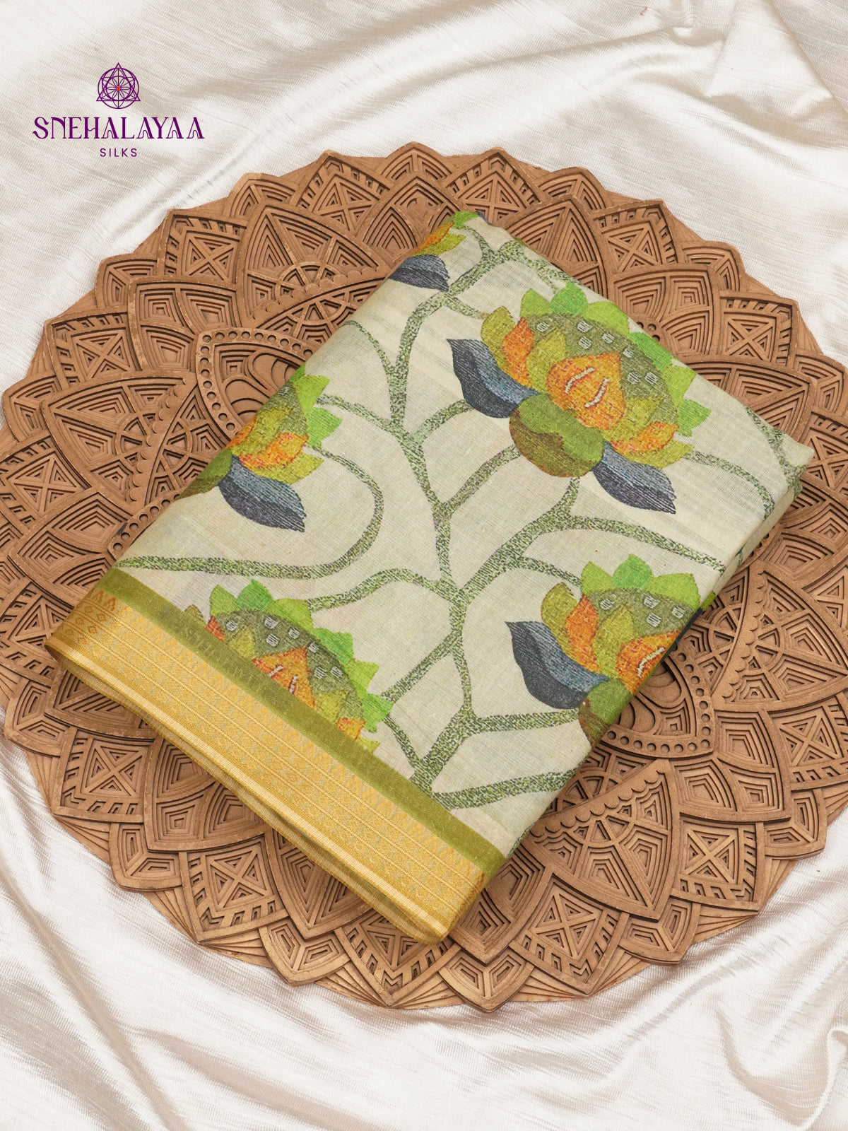 Off White Printed Linen Cotton Saree