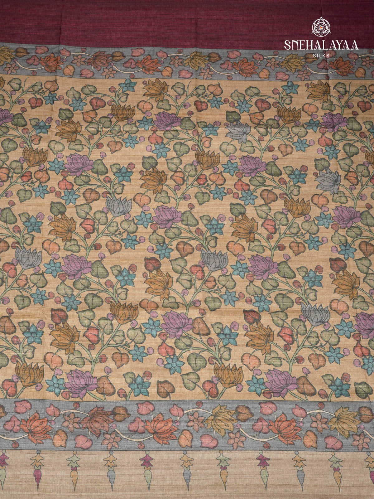 Burgundy Floral Printed Tussar Saree