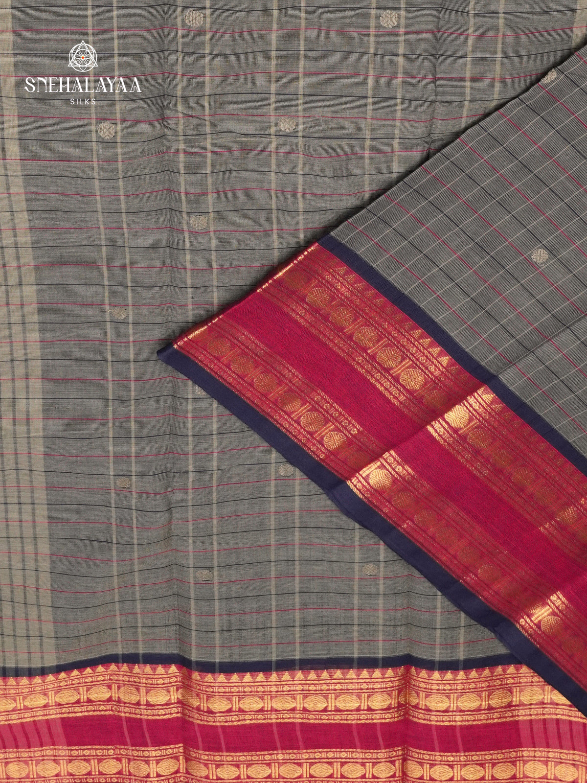 Checked Slate Grey Kanchi Cotton Saree with Irandu Karai Zari Borders