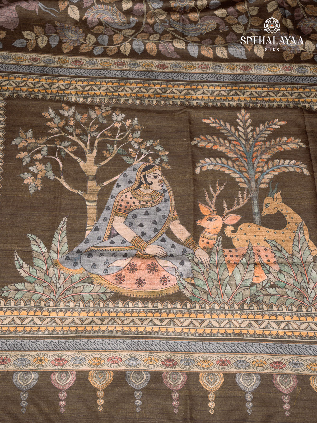 Brown Printed Tussar Saree