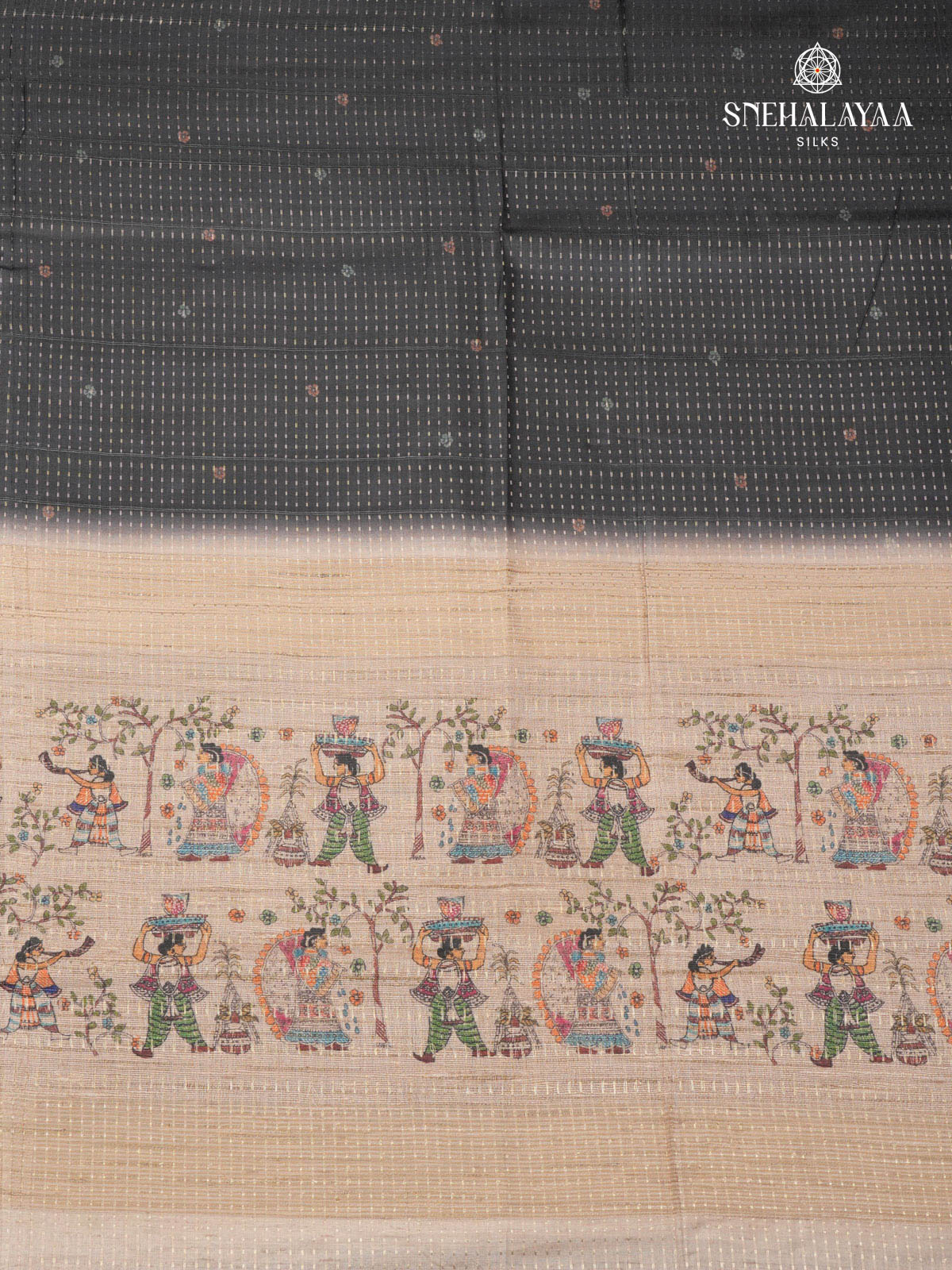 Black Floral Printed Tussar Saree