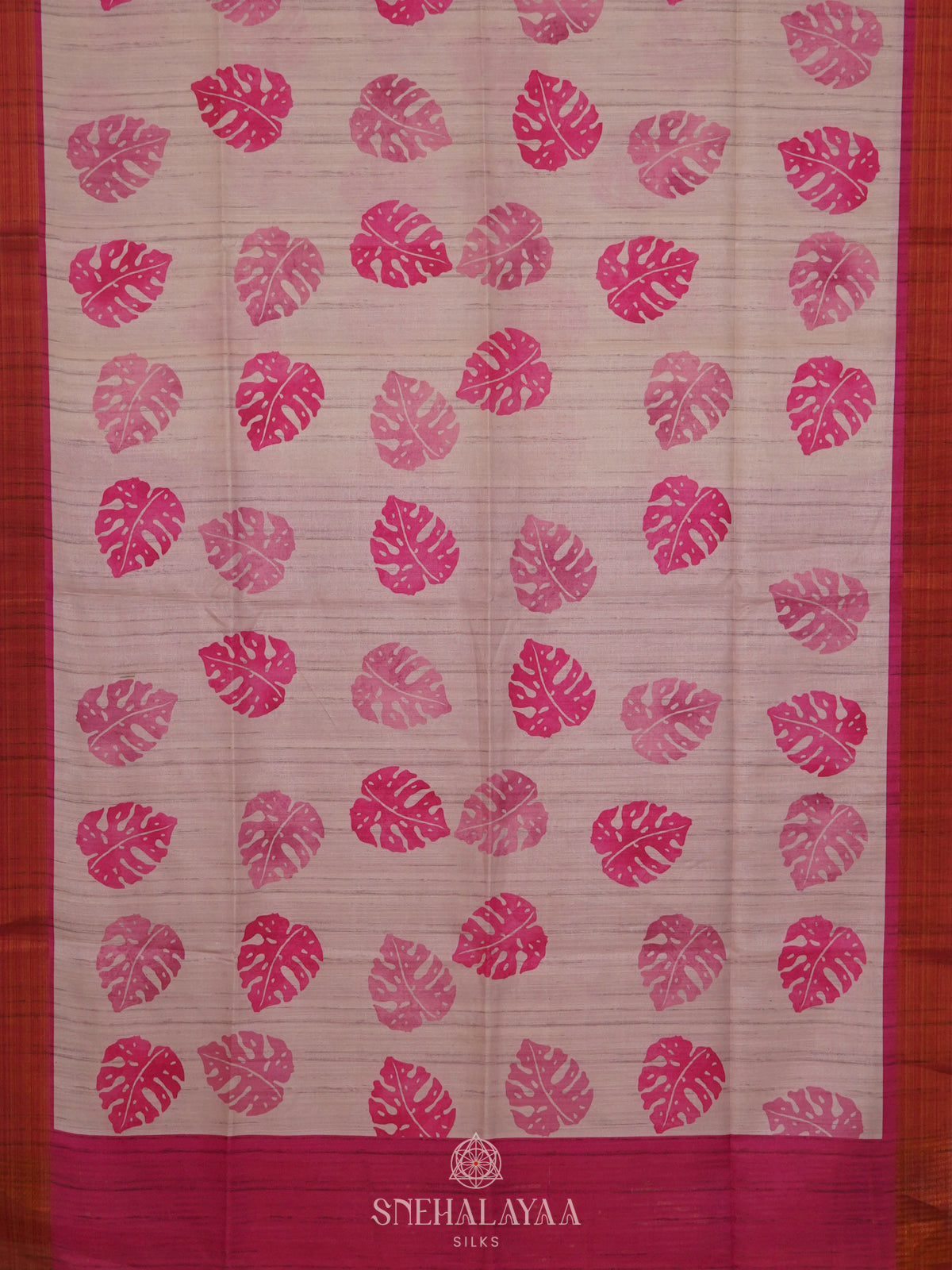 Cream Munga Tussar Saree with Pink Border