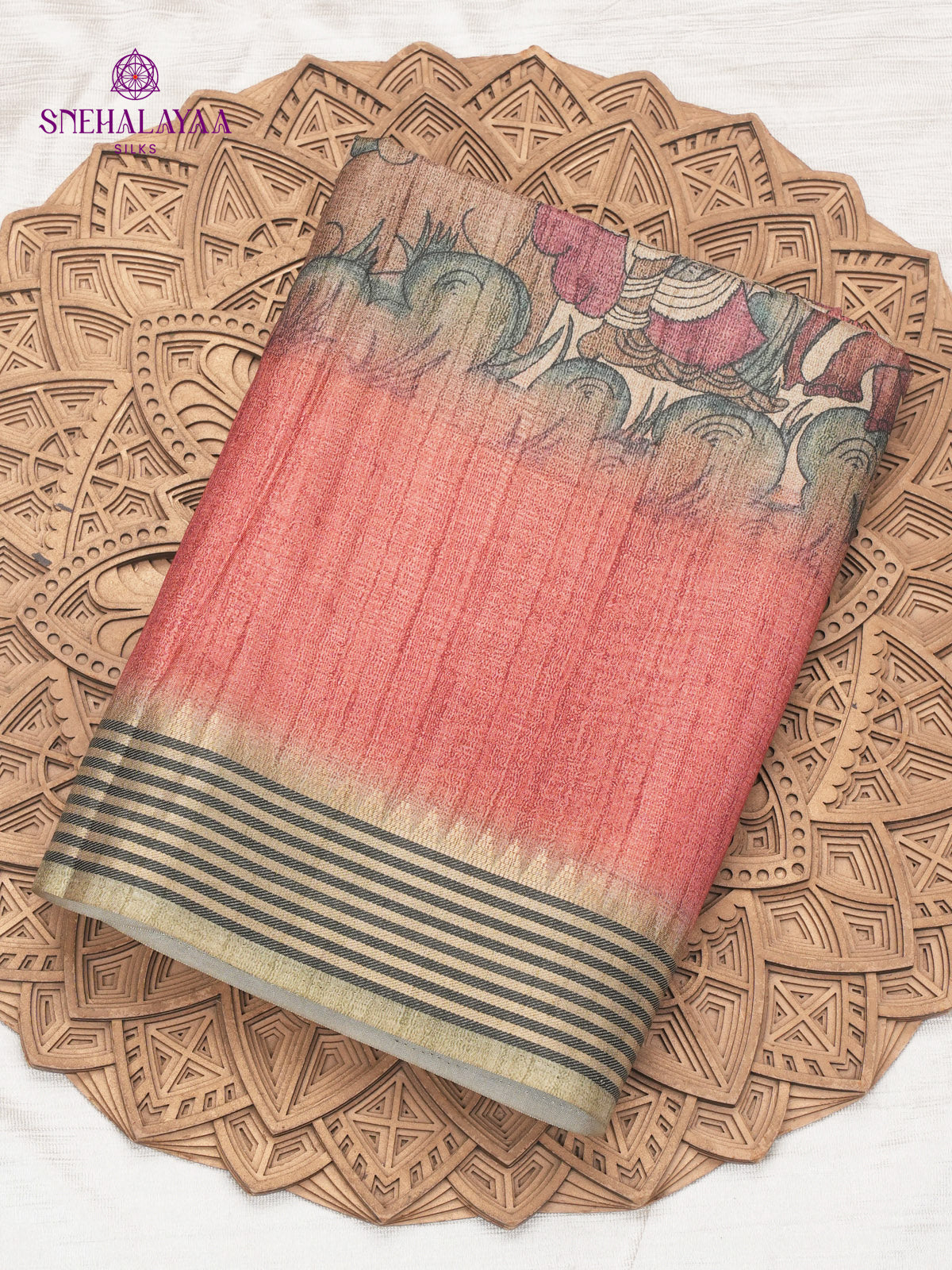 Beige With Red Border Kalamkari Tussar Saree