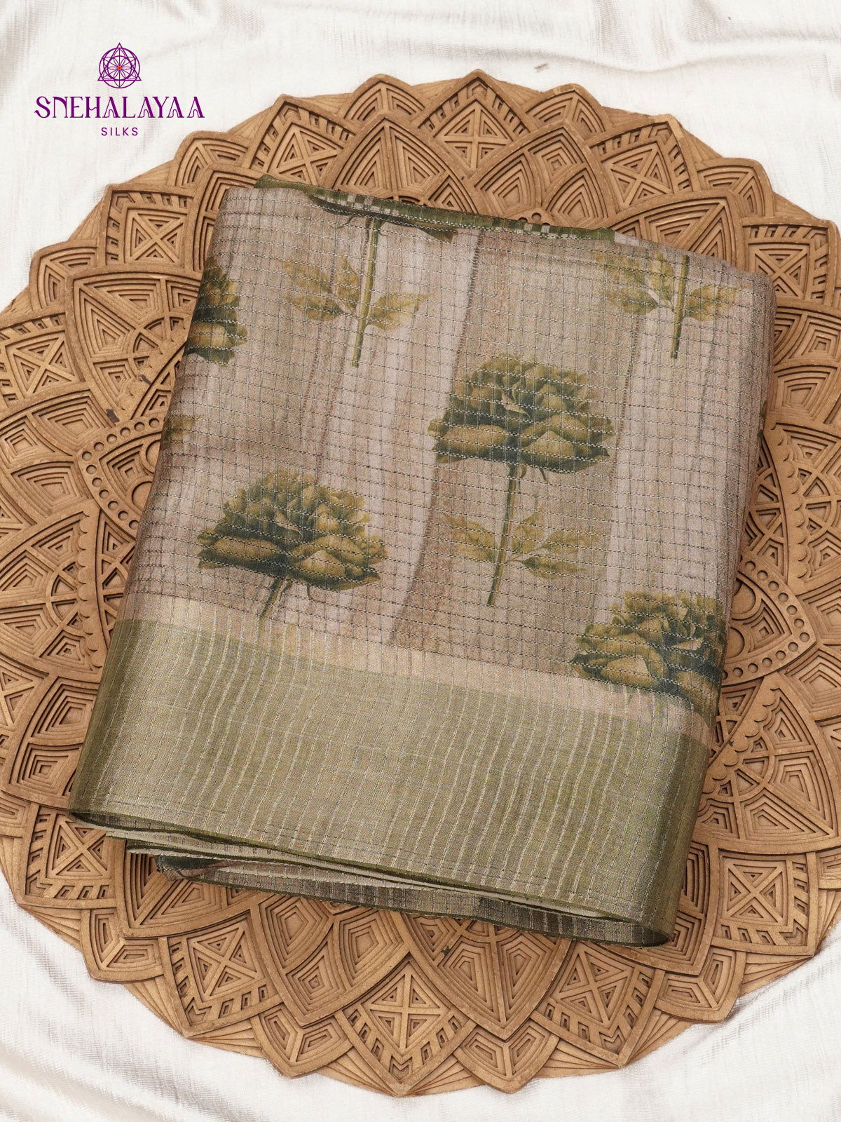 Brown Floral Printed Tussar Saree