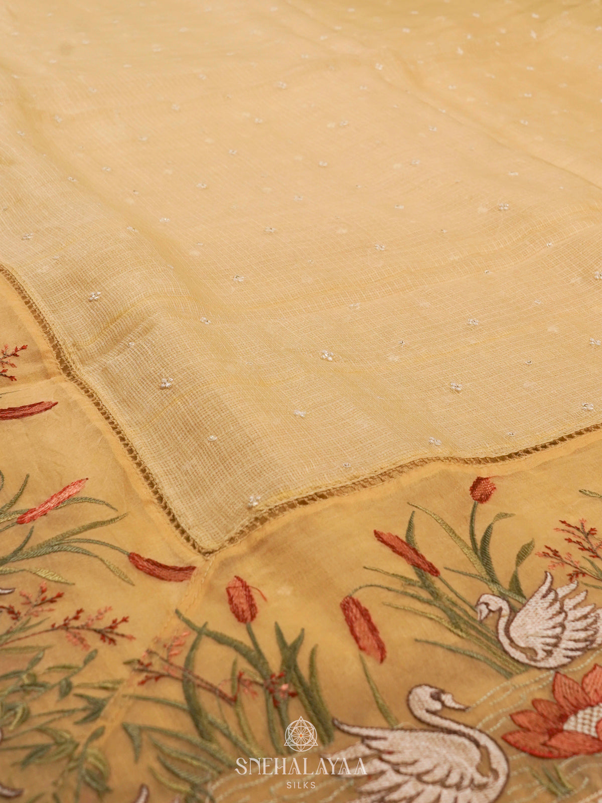 Pale Yellow Kota Embroidery Saree