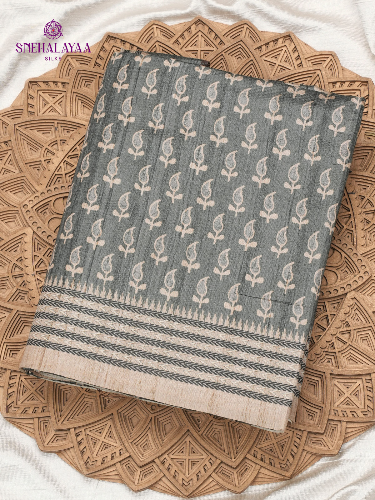 Grey Tussar Embroidery Saree
