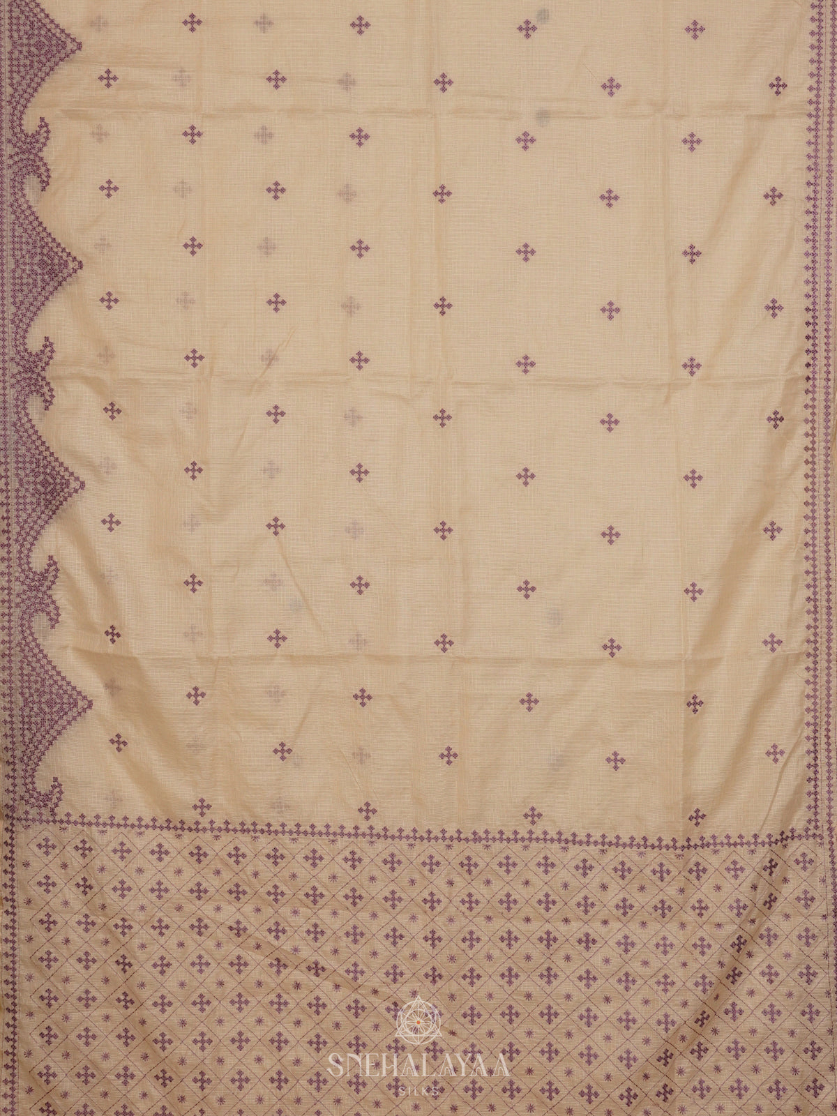 White Kota Embroidery Saree with Purple Border