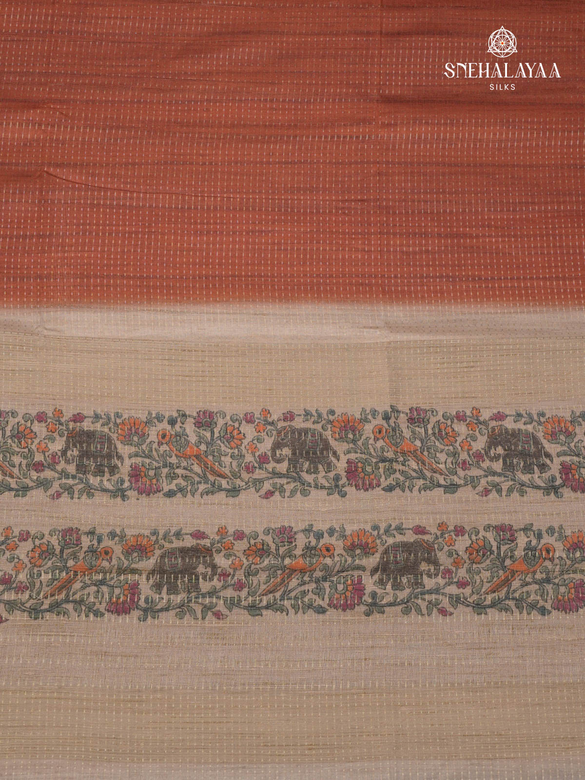 Rust Orange Floral Printed Tussar Saree