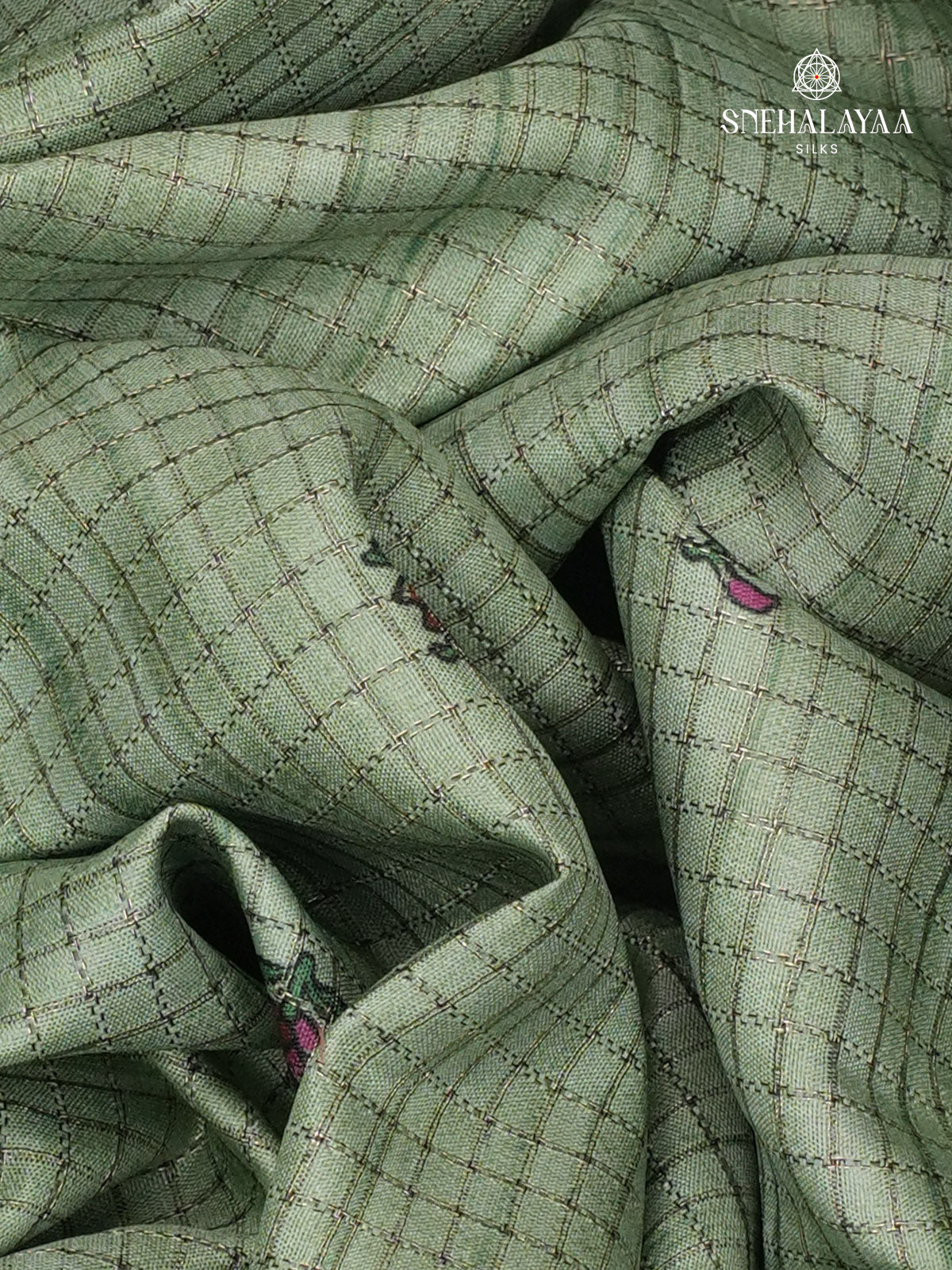 Pastel Green Floral Printed Tussar Saree