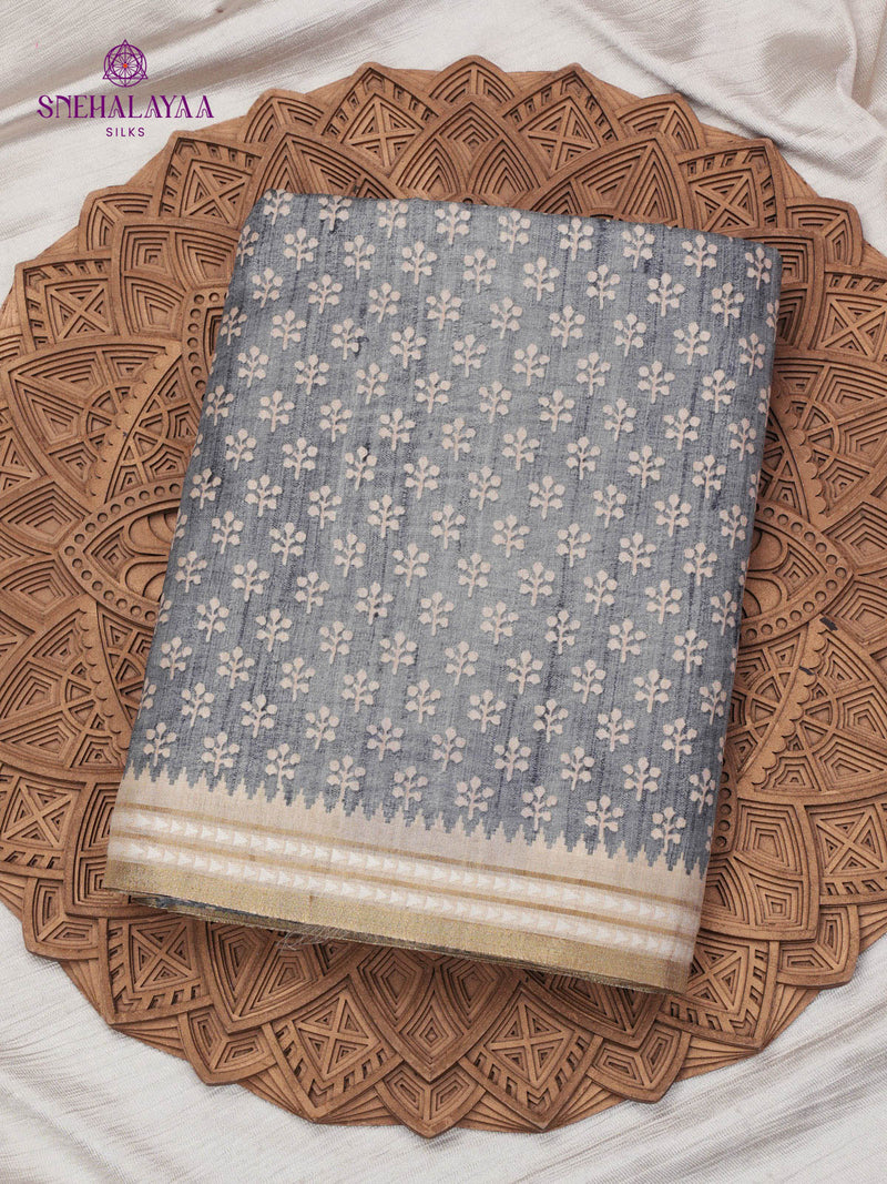 Grey Floral Printed Tussar Saree