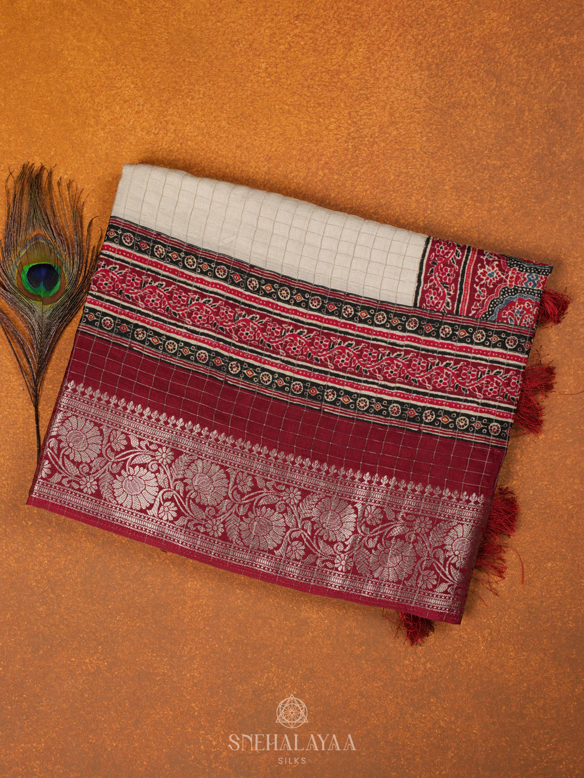 Cream Banaras Crepe Saree with Magenta Border