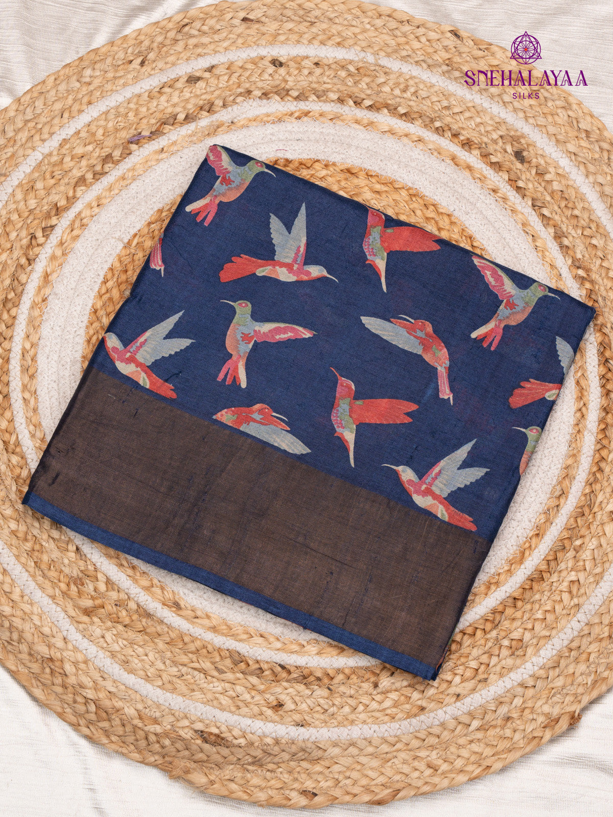 Navy Blue Printed Tussar Saree