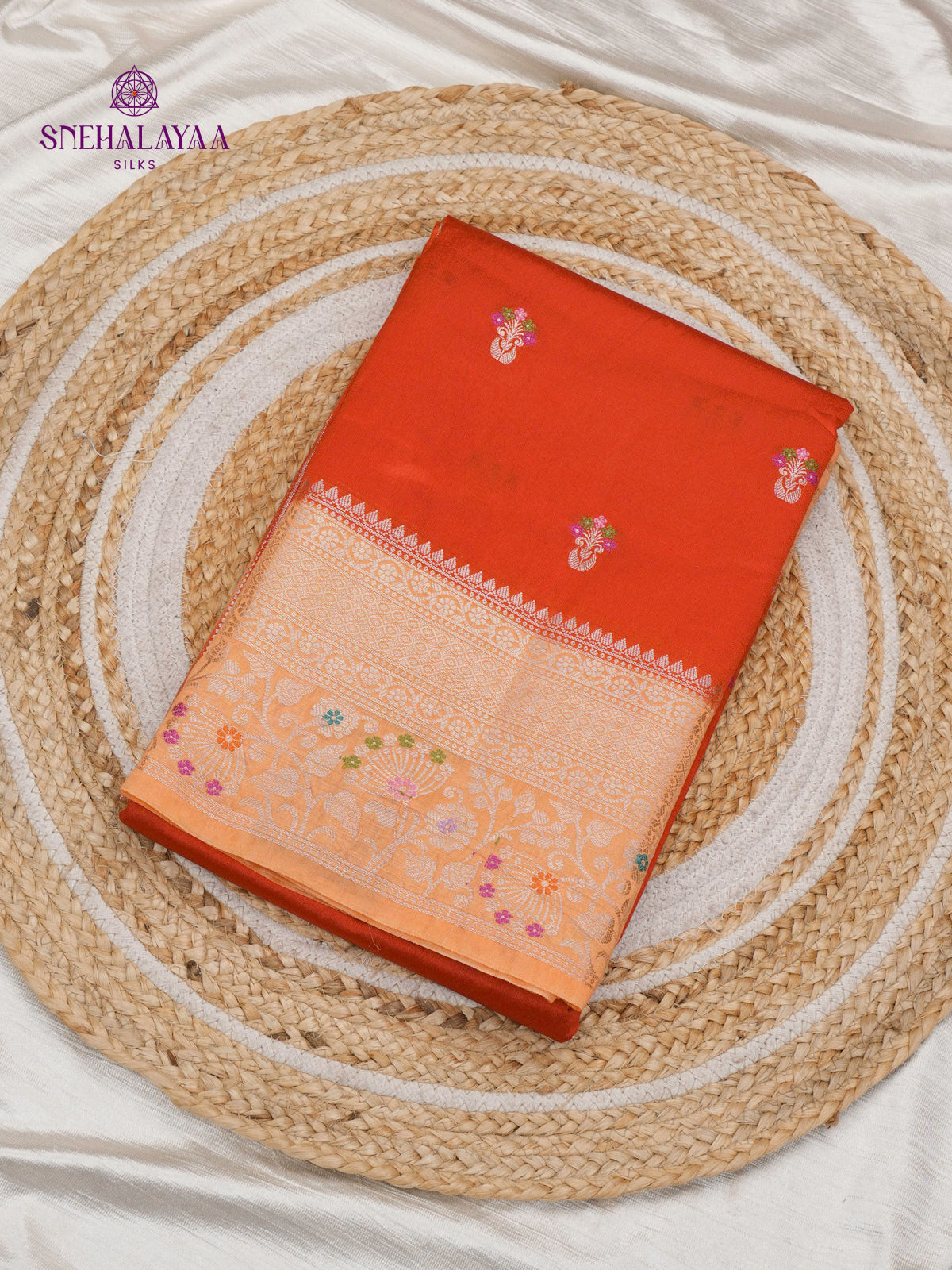 Orange Chiniya Silk Saree with Beige Woven Border
